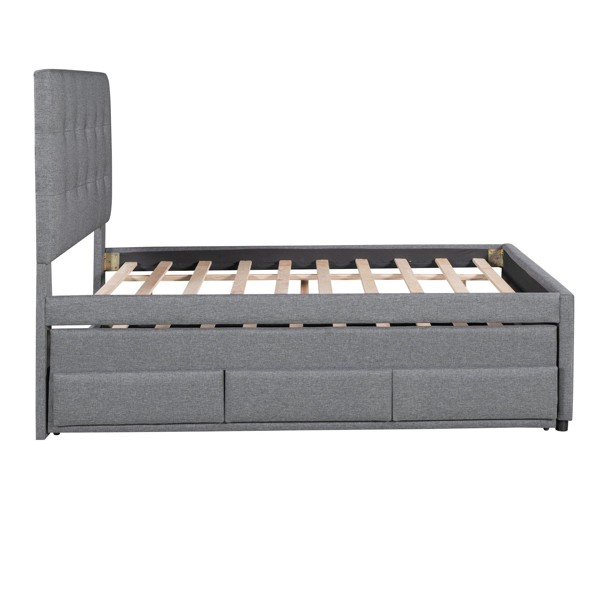 Full Size Upholstered Platform Bed With Pull-Out Twin Size Trundle And 3 Drawers, Gray