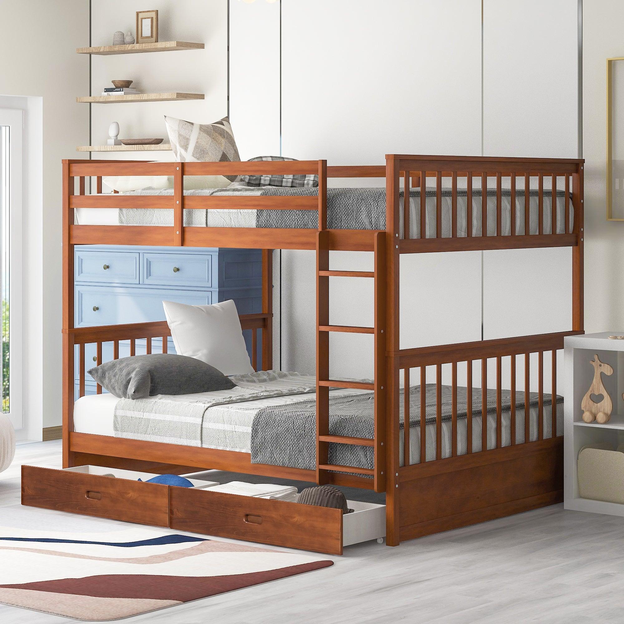 Full-Over-Full Bunk Bed with Ladders and Two Storage Drawers (Walnut)