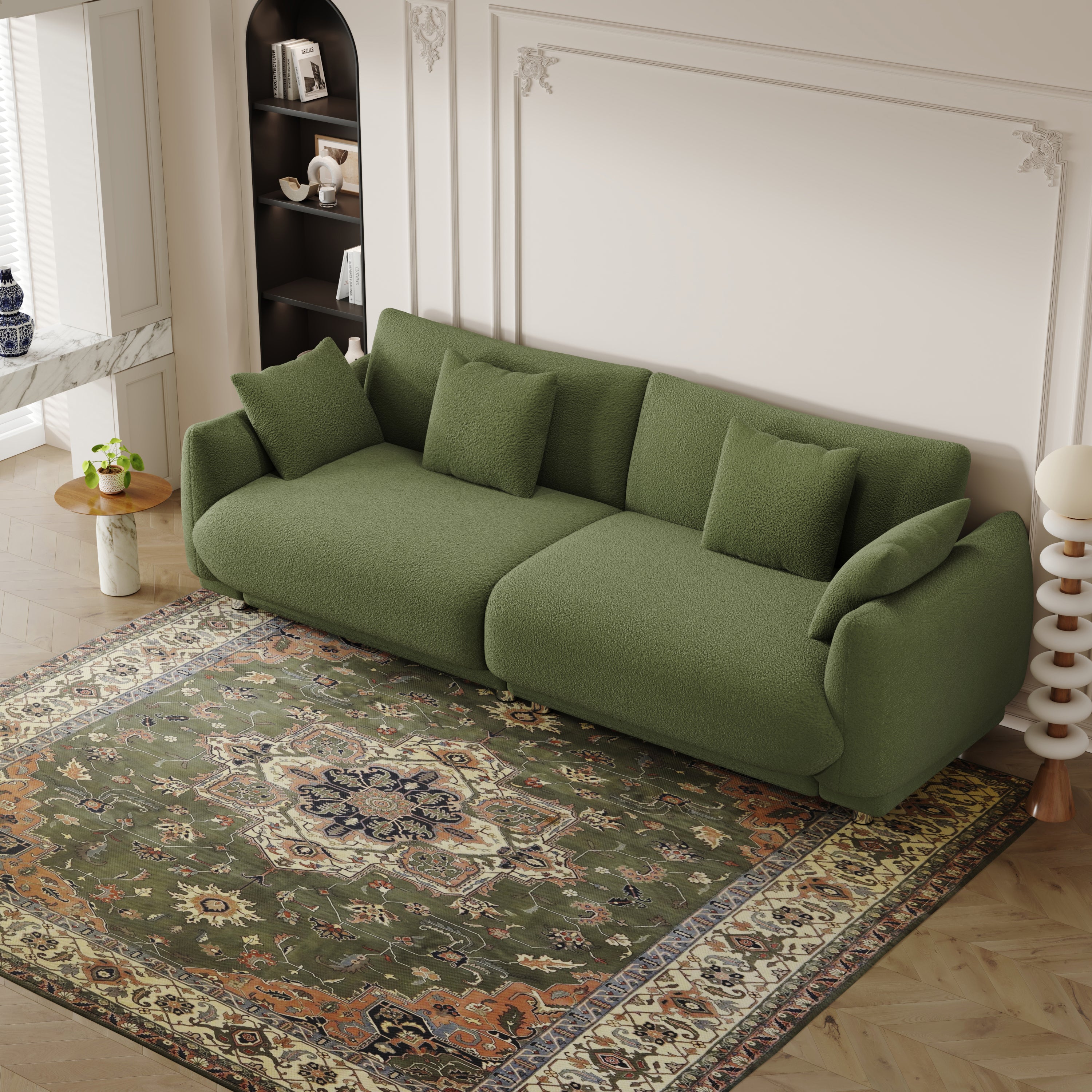 🆓🚛 86.6 Teddy Wool Sofa With 4 Throw Pillows, Green
