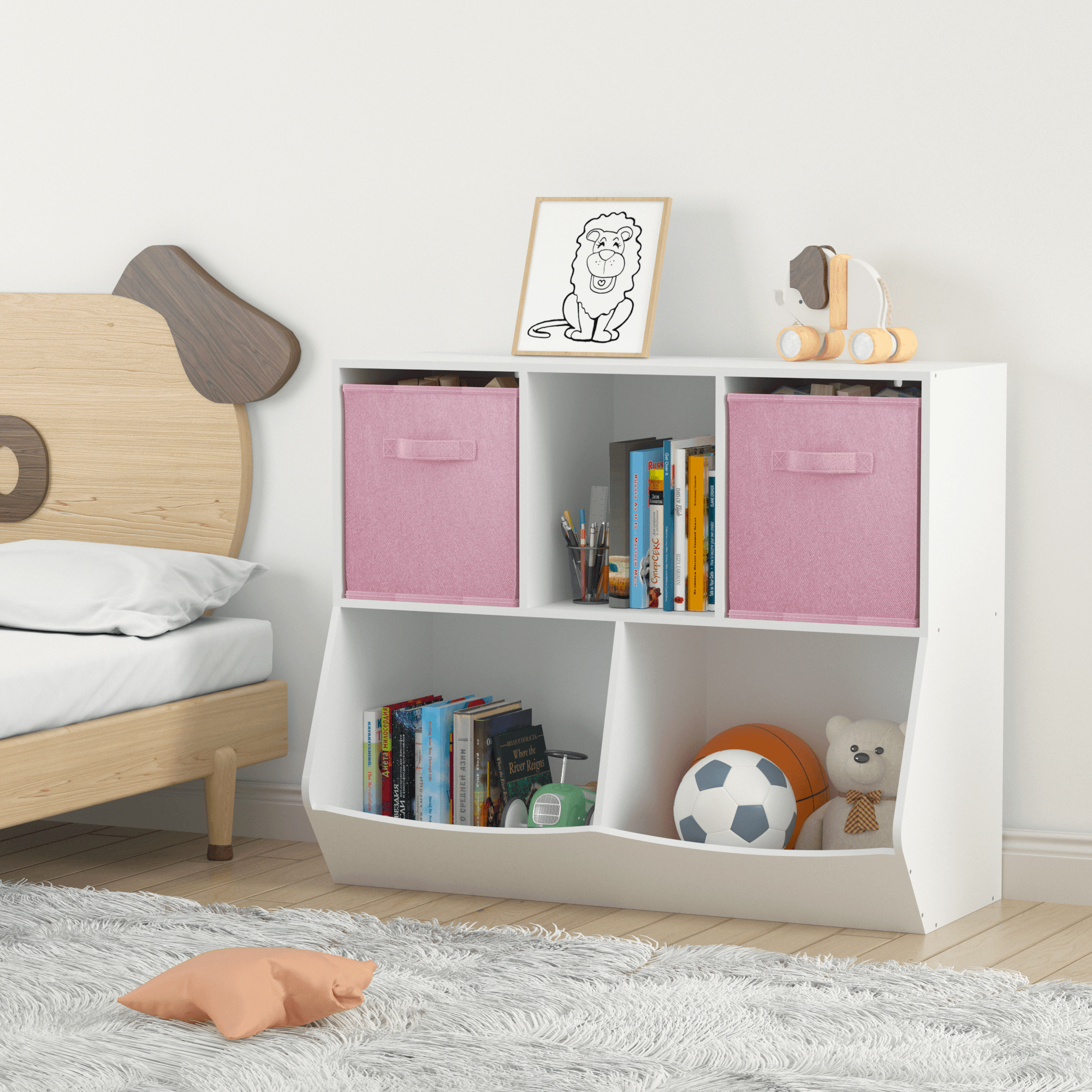 🆓🚛 Kids Bookcase With Collapsible Fabric Drawers, Children'S Toy Storage Cabinet for Playroom, Bedroom, Nursery, School, White/Pink