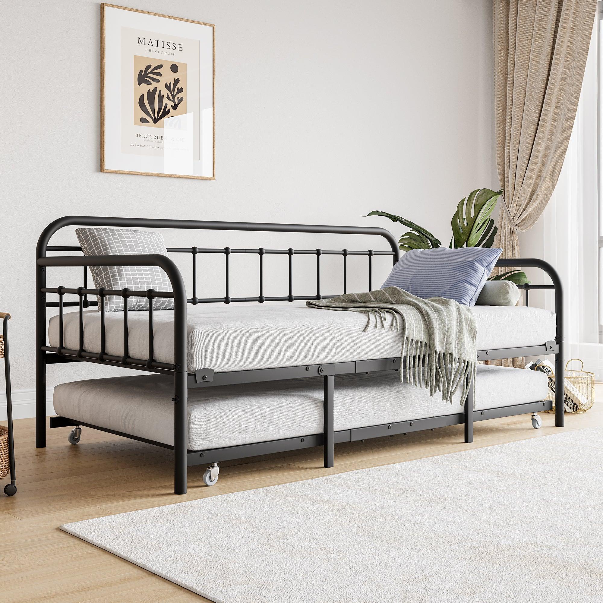 🆓🚛 Twin Size Metal Daybed Frame With Trundle, Heavy Duty Steel Slat Support Sofa Bed Platform With Headboard, No Box Spring Needed, Black