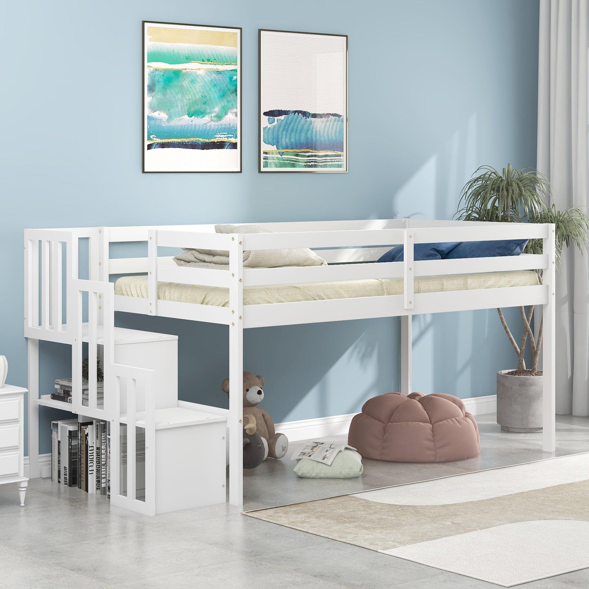 🆓🚛 Loft Bed With Staircase, White