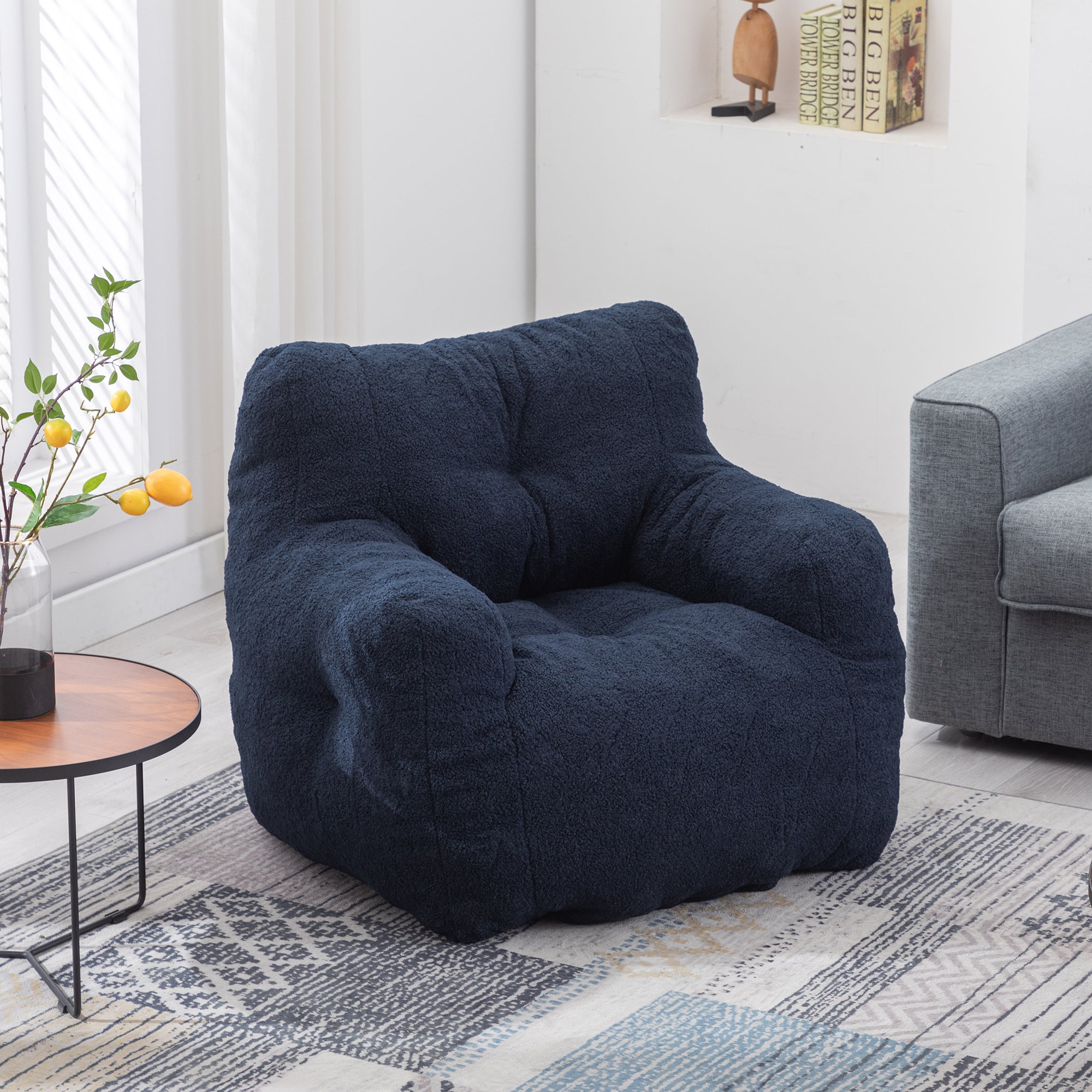 🆓🚛 Soft Tufted Foam Bean Bag Chair With Teddy Fabric, Dark Blue