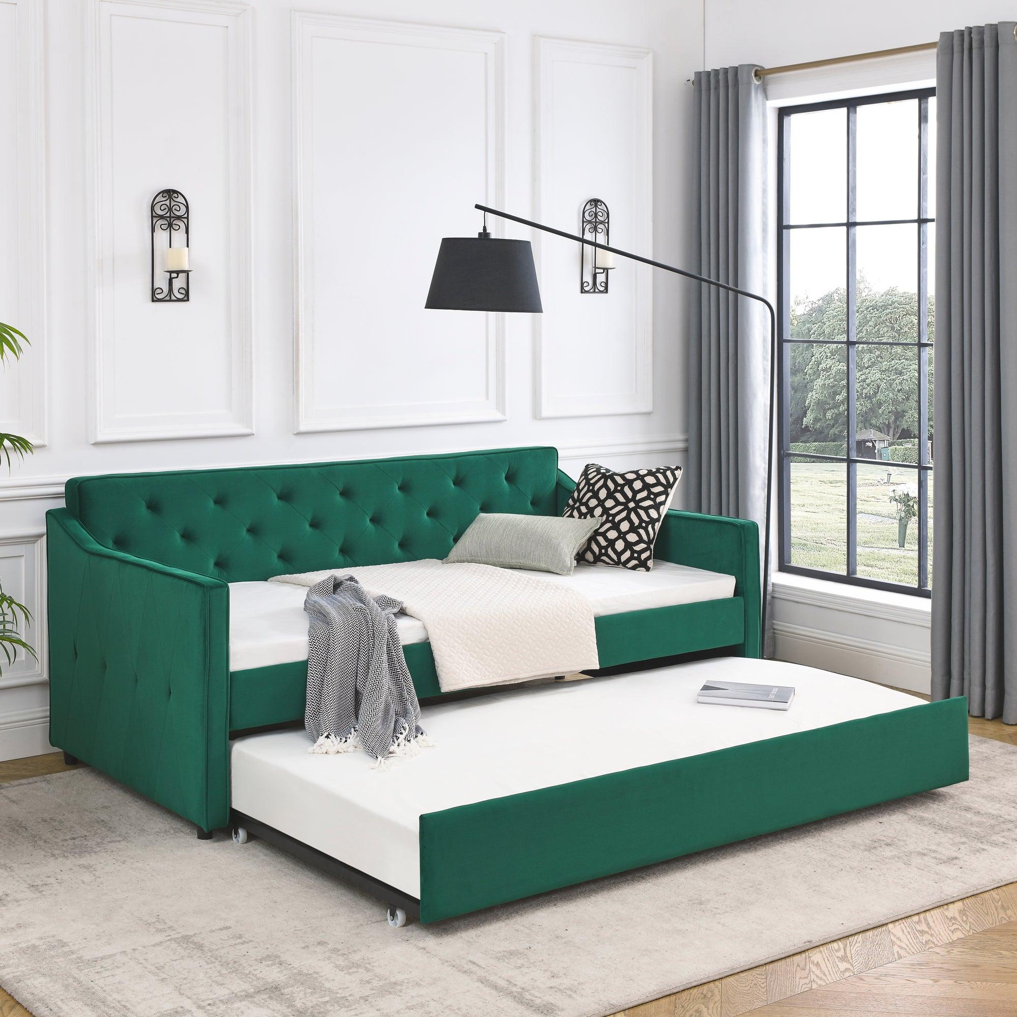 🆓🚛 Twin Size Daybed With Twin Size Trundle Upholstered Tufted Sofa Bed, Waved Shape Arms, Green (80.5" X44.5" X33.5" )