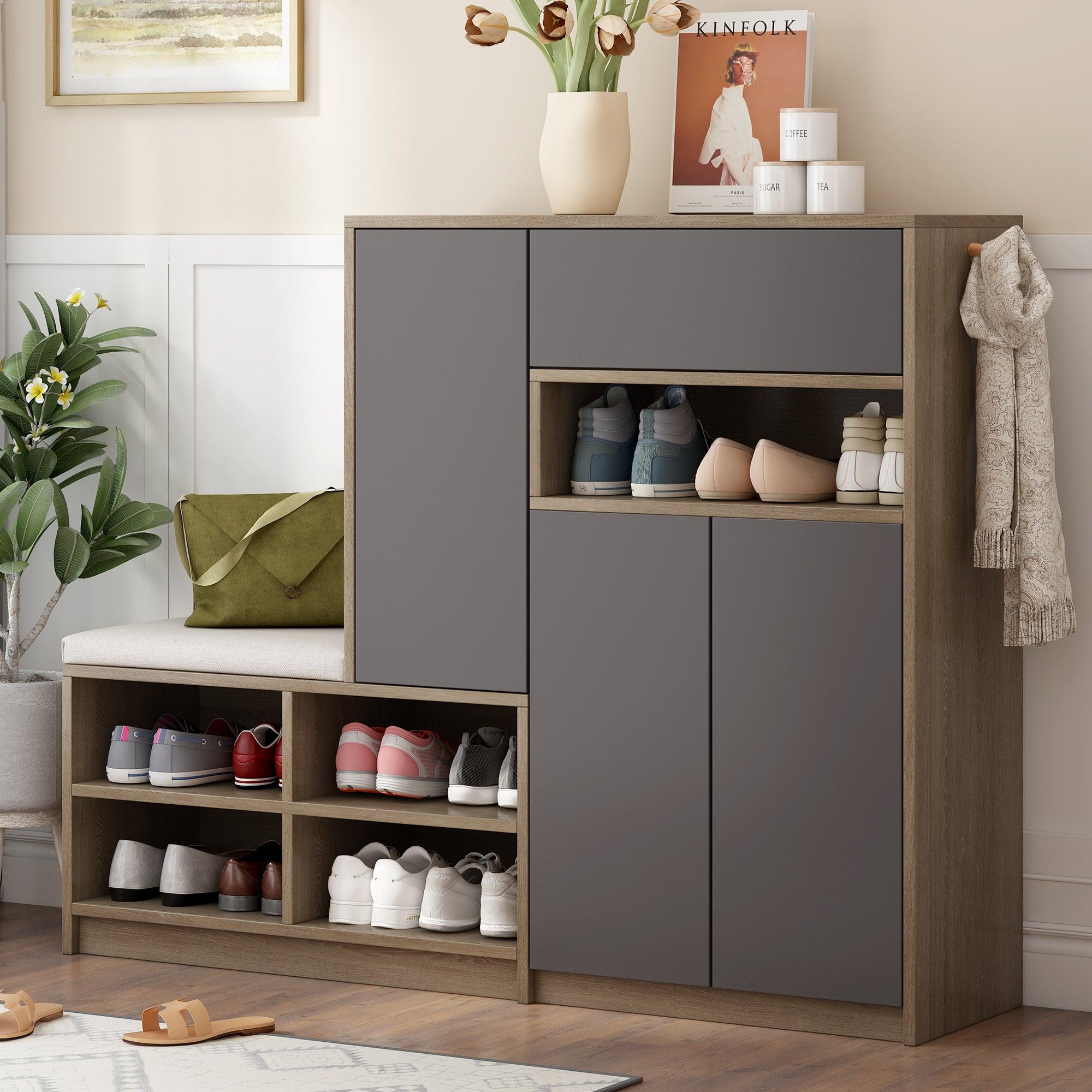 🆓🚛 2-In-1 Shoe Storage Bench & Shoe Cabinet, Multi-Functional Shoe Rack With Padded Seat for Hallway, Gray