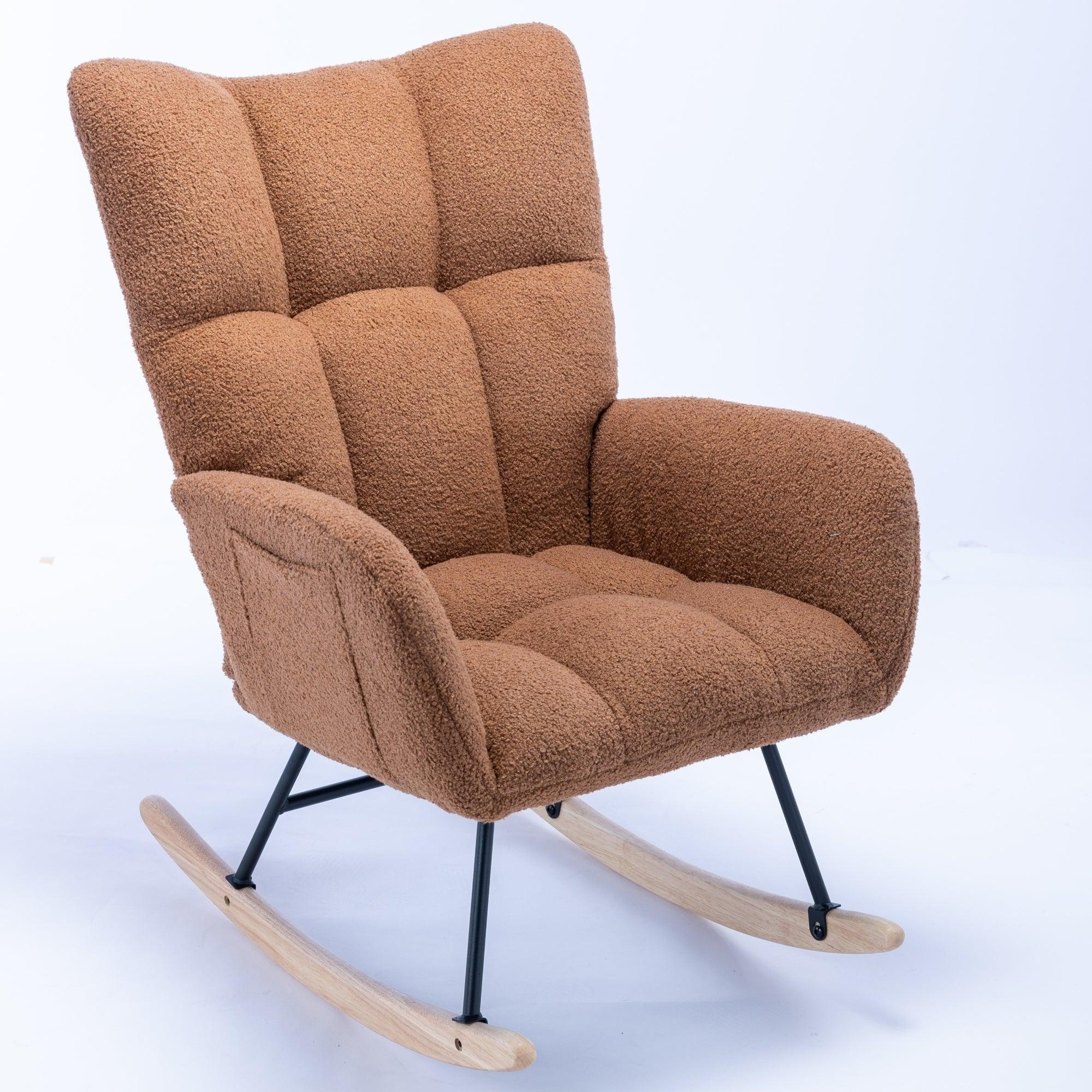 🆓🚛 Rocking Chair, Soft Teddy Velvet Fabric Rocking Chair for Nursery, Comfy Wingback Glider Rocker With Safe Solid Wood Base for Living Room Bedroom Balcony (Brown)