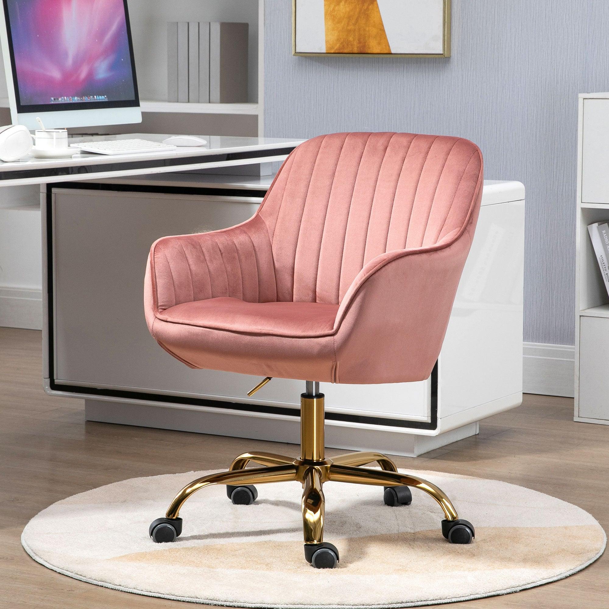 🆓🚛 360° Velvet Swivel Chair With High Back, Adjustable Working Chair With Golden Color Base, Pink