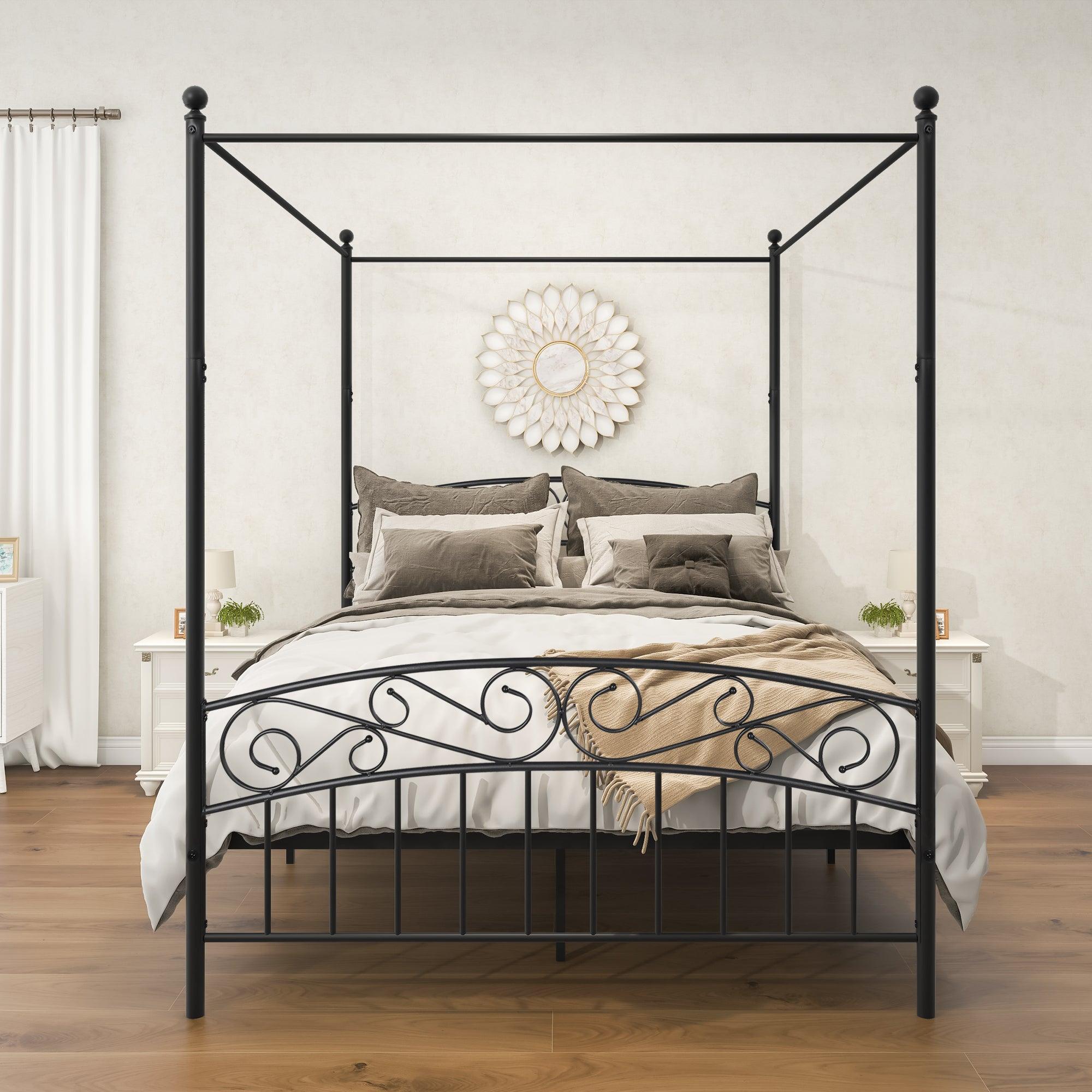 🆓🚛 Queen Size Metal Canopy Bed Frame With Headboard and Footboard, Black