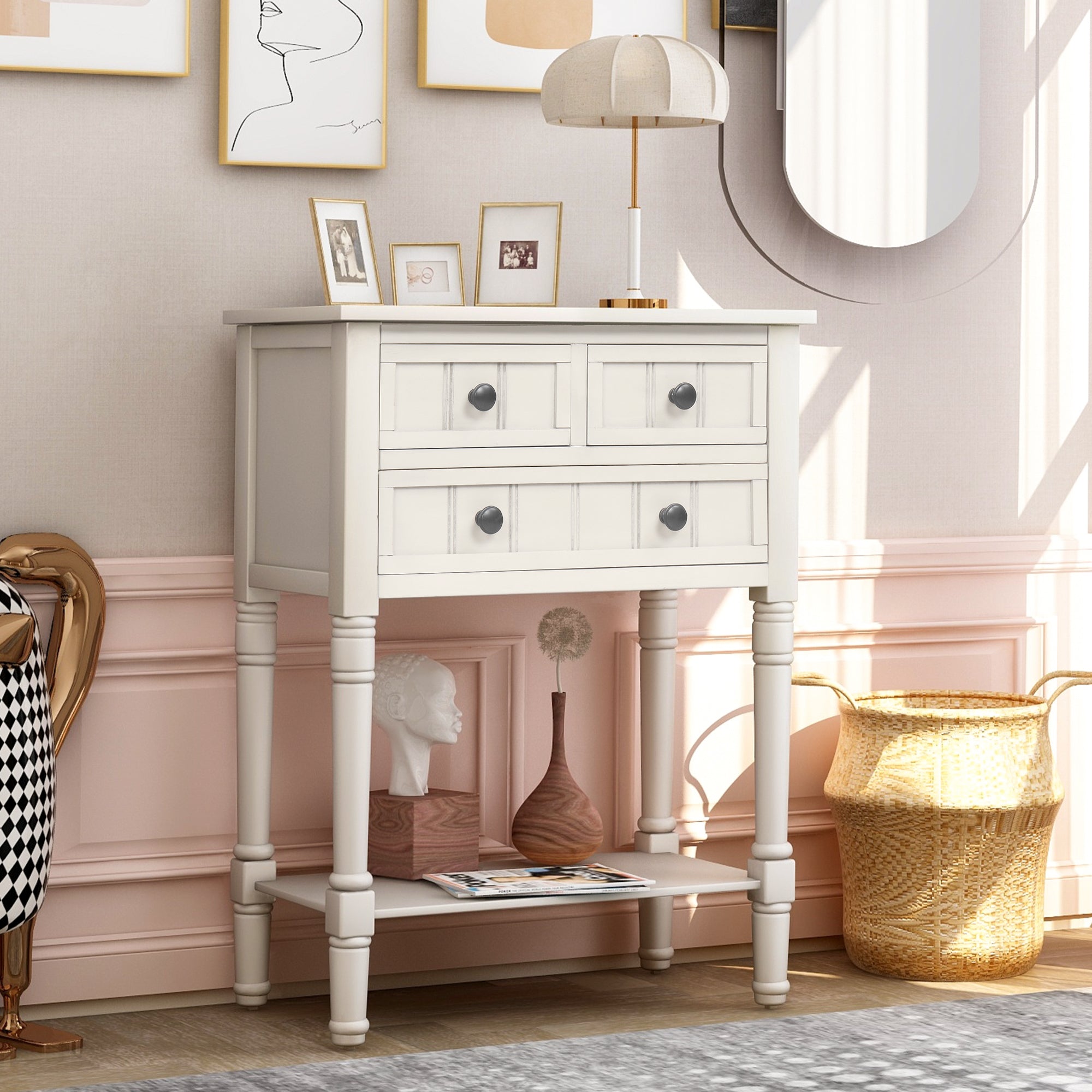 🆓🚛 Narrow Console Table, Slim Sofa Table With Three Storage Drawers and Bottom Shelf, Ivory White