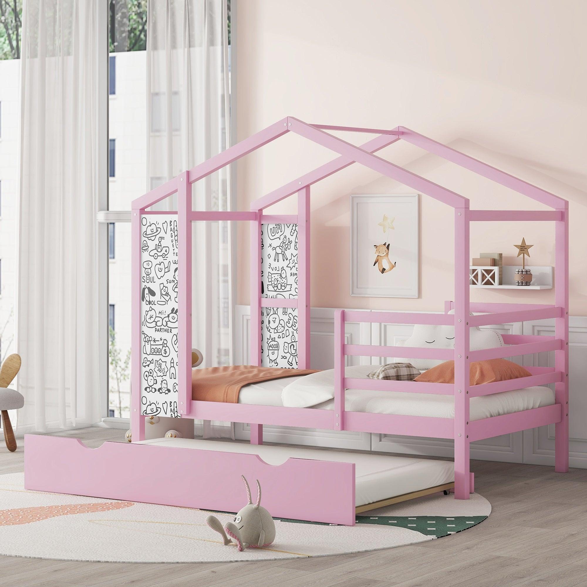 🆓🚛 Twin Size Wood House Bed With Fence & Writing Board, Pink