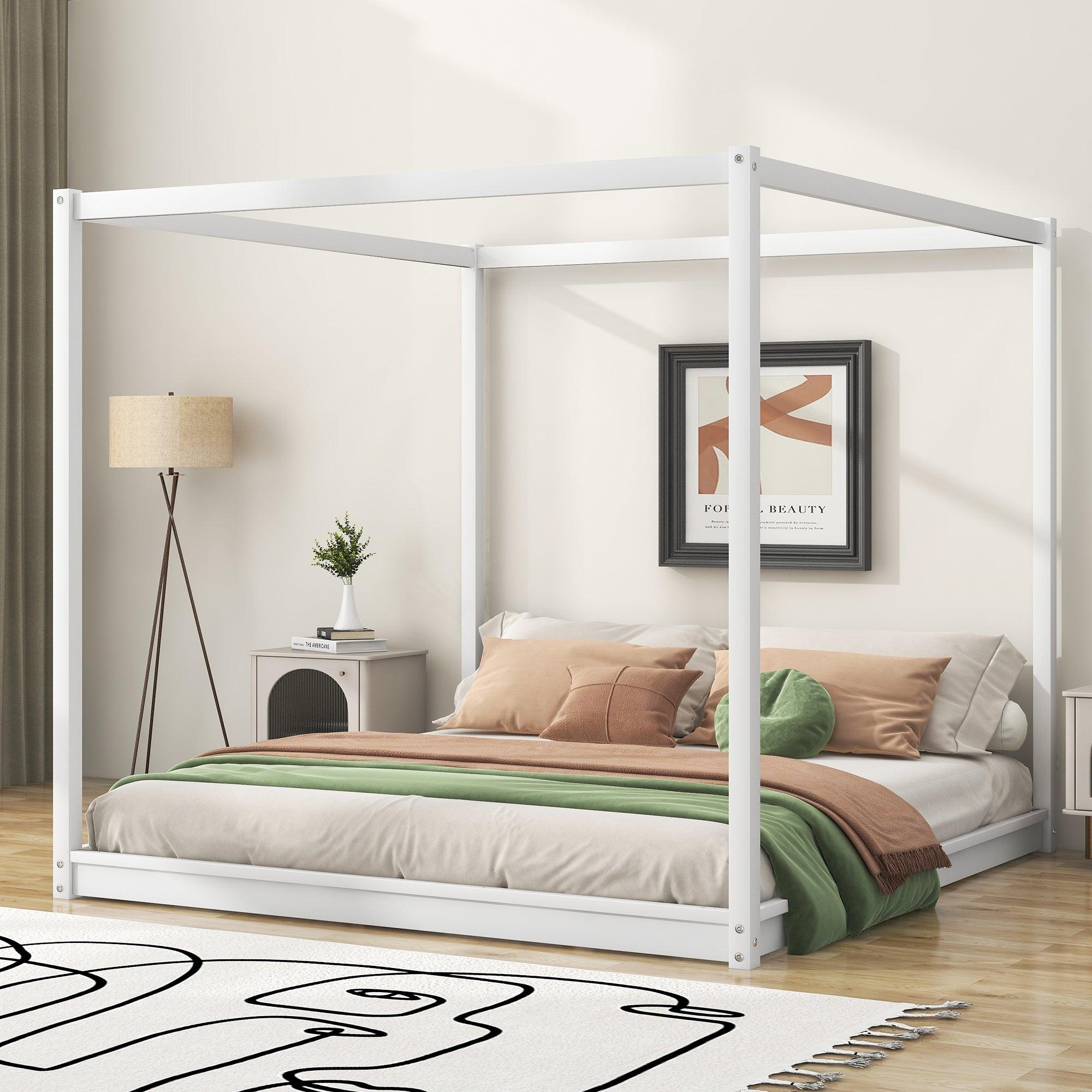 🆓🚛 King Size Canopy Platform Bed With Support Legs, White