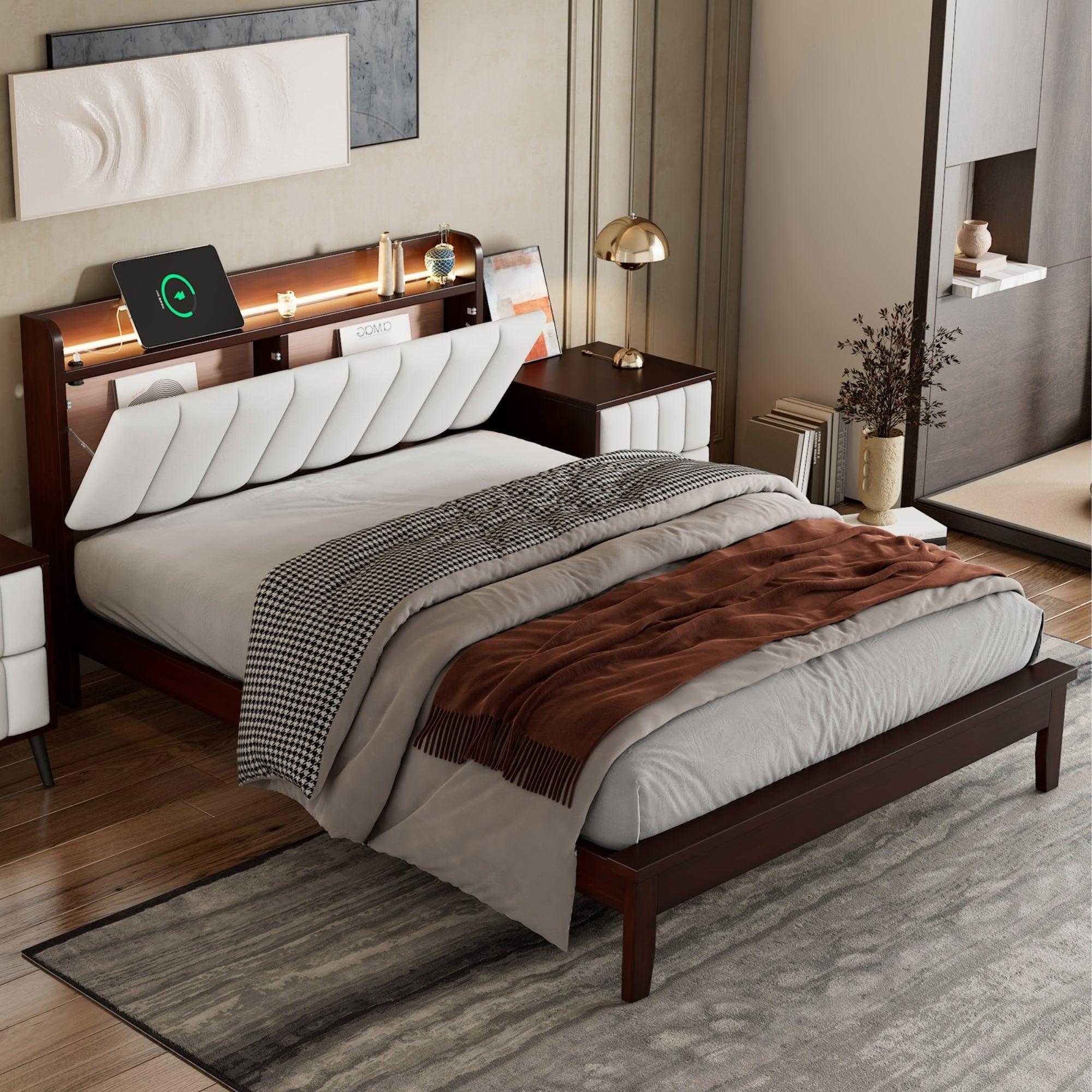 Full size Platform Bed with USB Charging Station and Storage Upholstered Headboard, LED Bed Frame, No Box Spring Needed, Walnut+Beige