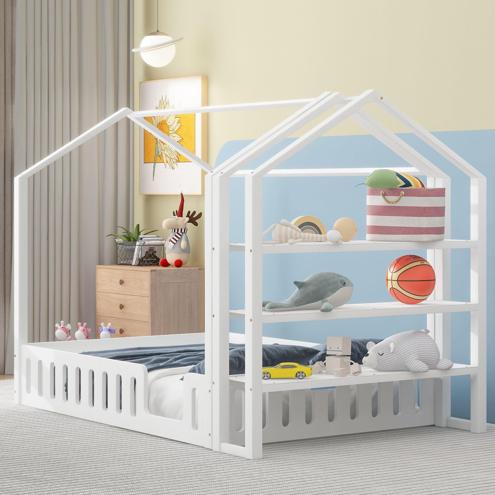 🆓🚛 Full Size Wood House Bed With Fence & Detachable Storage Shelves, White