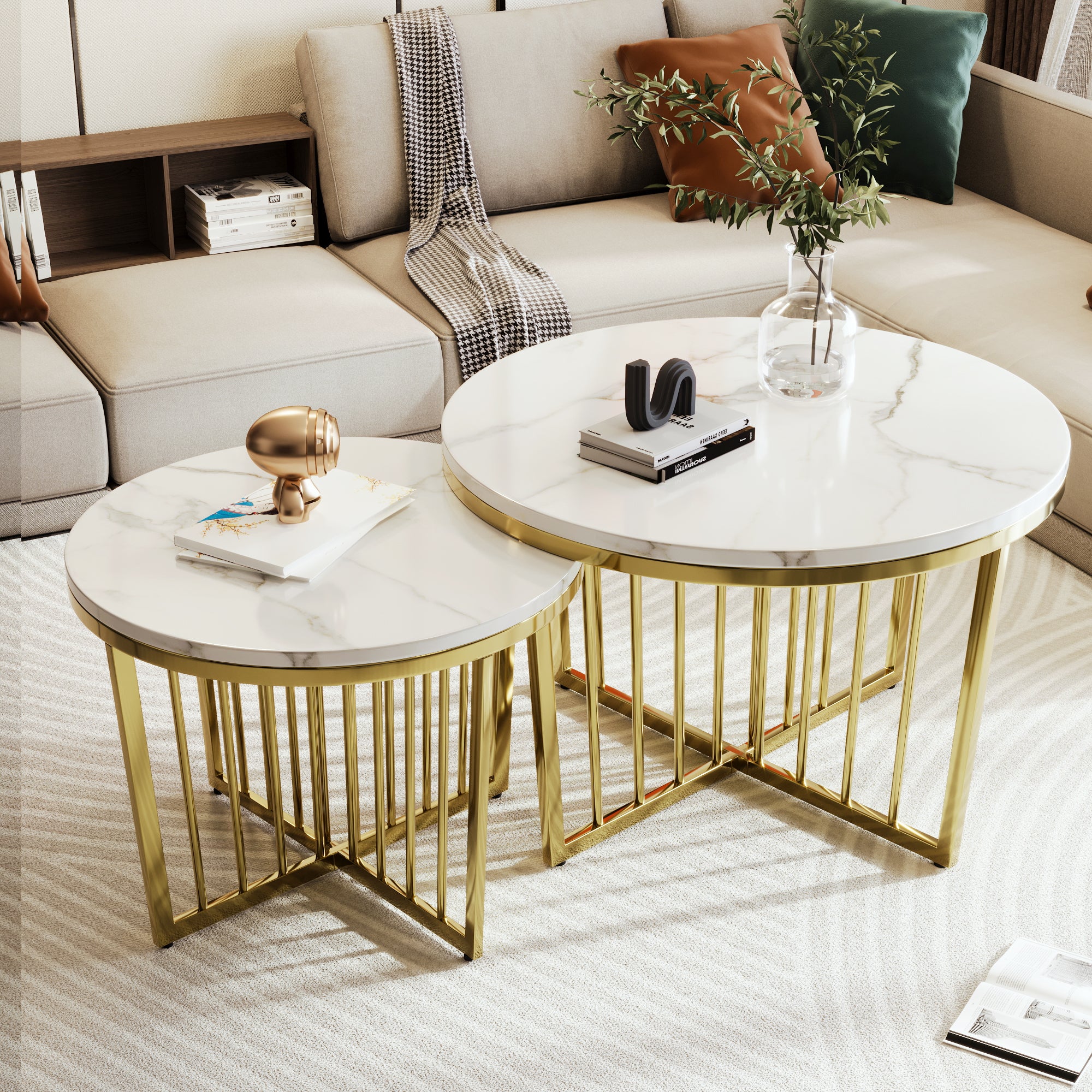 🆓🚛 Modern Round Nesting Coffee Table Set 2-Piece White & Marbling Top, Gold Base