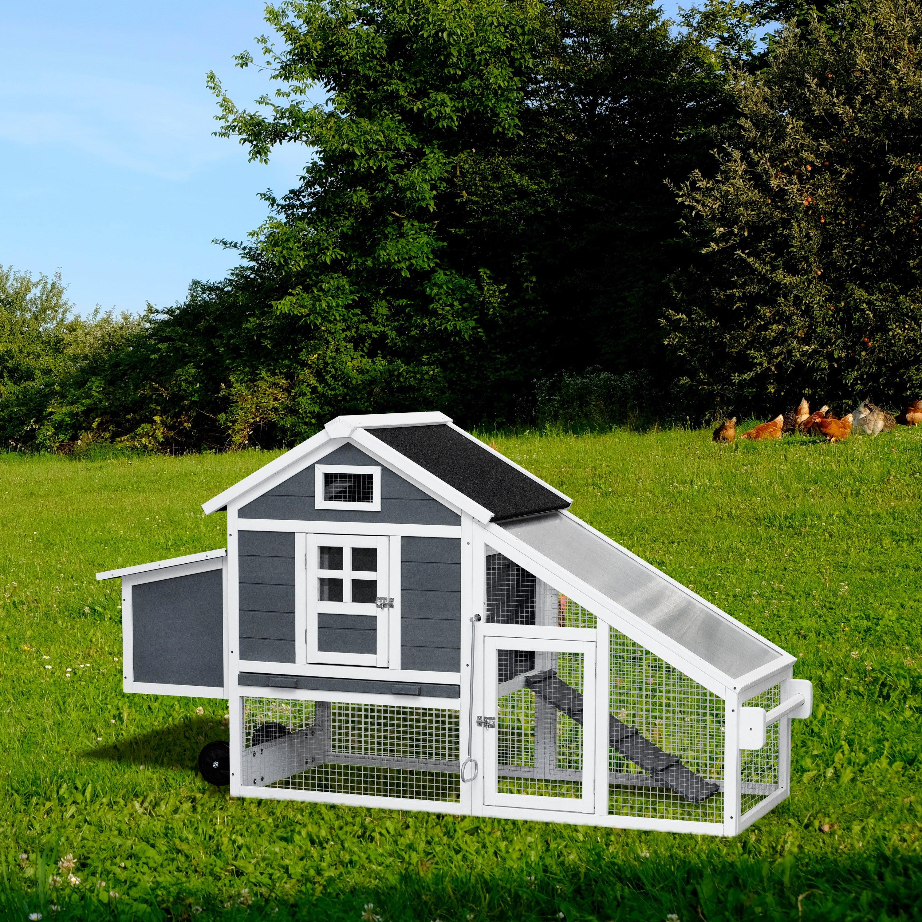 🆓🚛 Removable Tray Ramp Wooden Outdoor Chicken Hutch Coop With Running Cage With Wheels