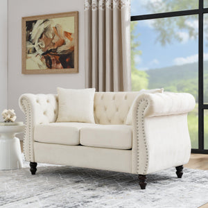 58.8" Chesterfield Sofa Beige Velvet for Living Room, 2 Seater Sofa Tufted Couch with Rolled Arms and Nailhead with 2 Pillows