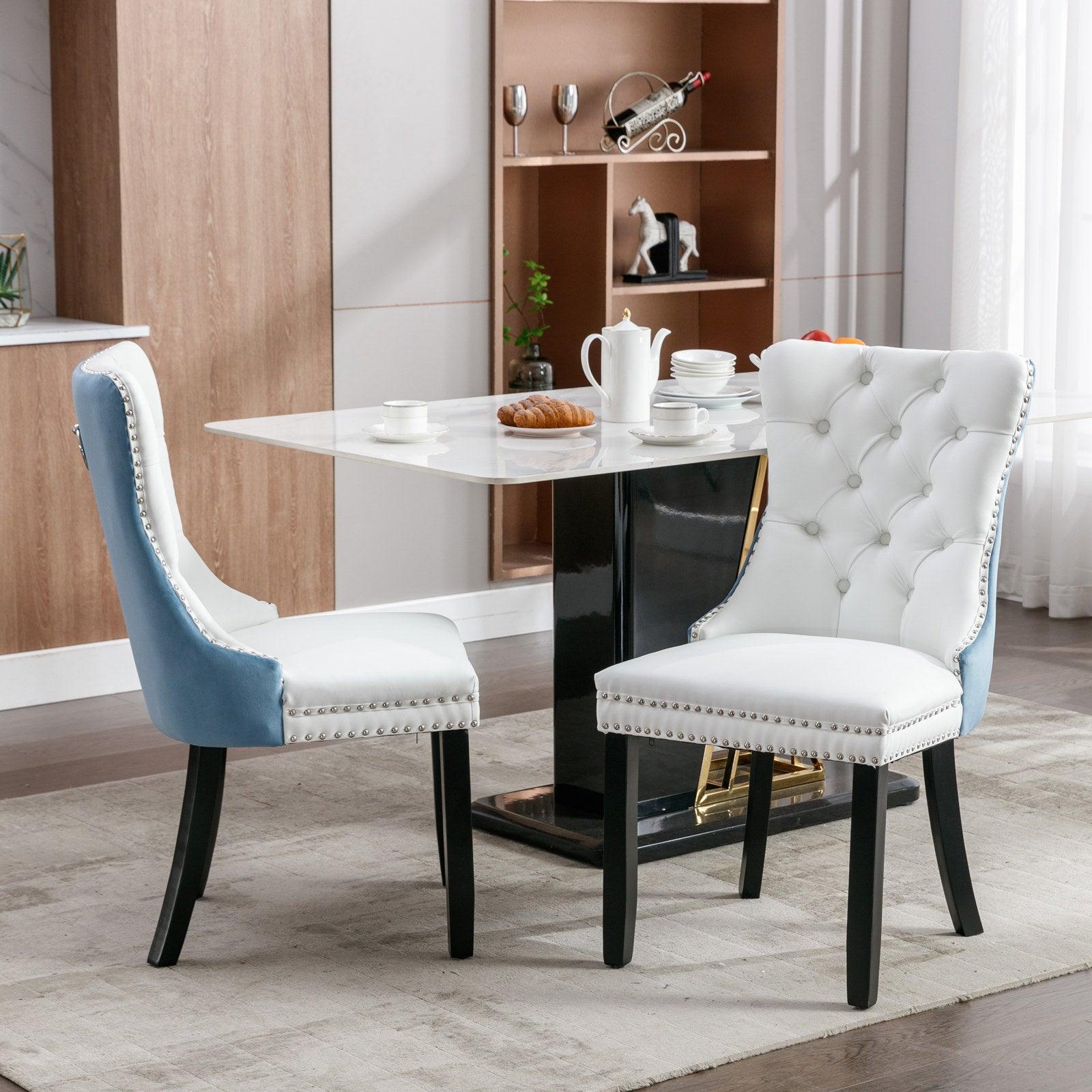 🆓🚛 Set Of 2 Hader High-End Tufted Upholstered Dining Chair With Wood Legs Nailhead Trim - White & Light Blue