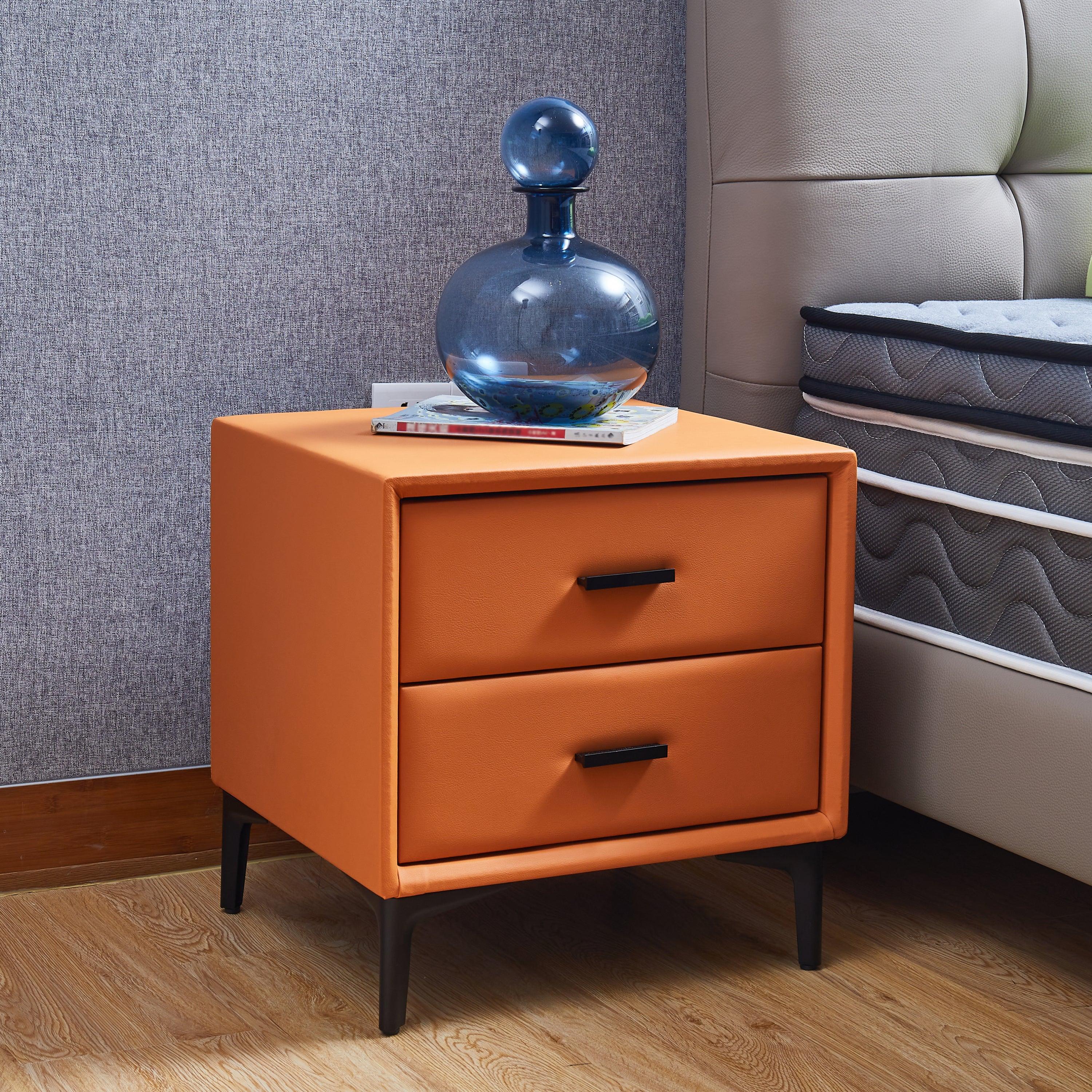 🆓🚛 Modern Nightstand With 2 Drawers, Night Stand With Pu Leather & Hardware Legs, for Bedroom, Orange