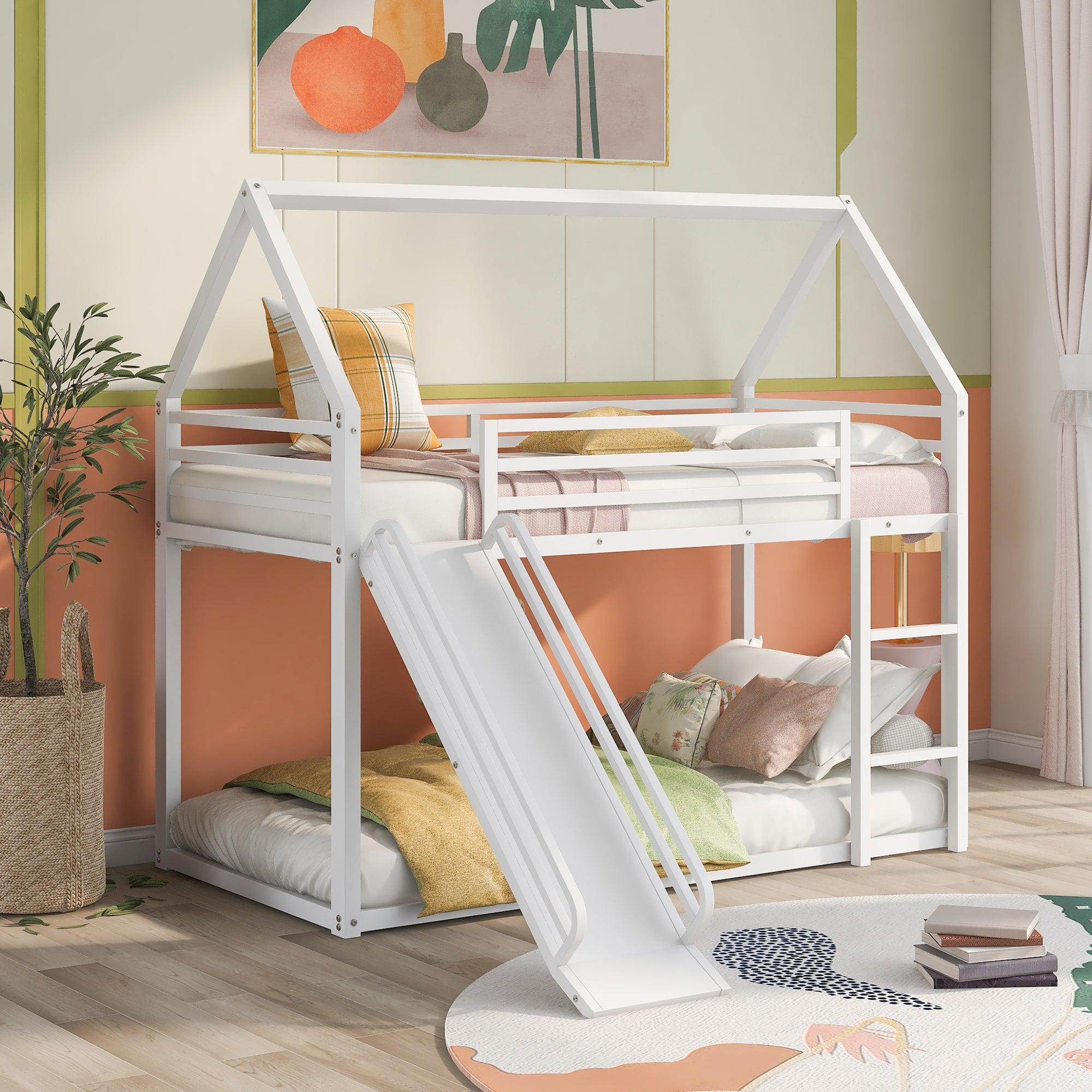 🆓🚛 Twin Over Twin House Bunk Bed With Ladder & Slide, White