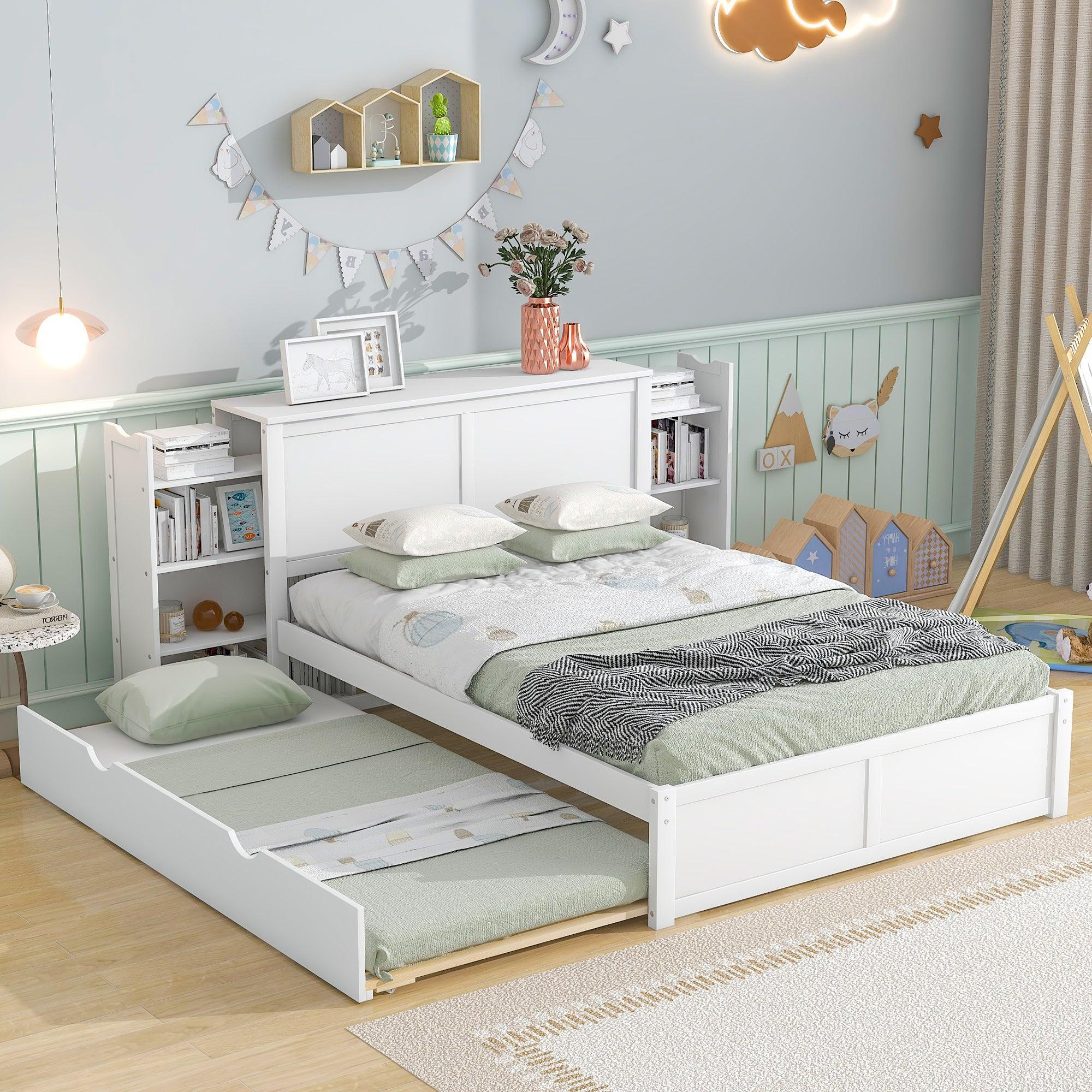 🆓🚛 Full Size Storage Platform Bed With Pull Out Shelves & Twin Size Trundle, White