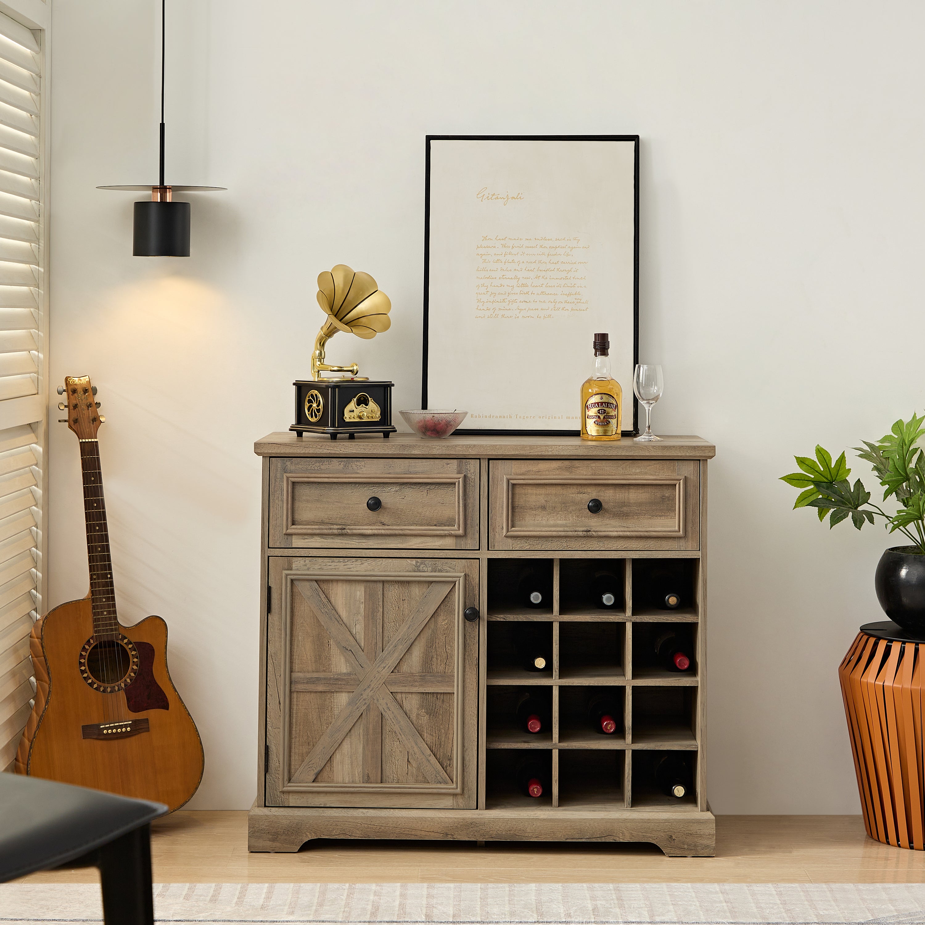 🆓🚛 Farmhouse Buffet Cabinet With Storage Sideboard With 2 Drawers, Wine Bar Cabinet With Removable Wine Racks Storage Shelves, Gray Wash