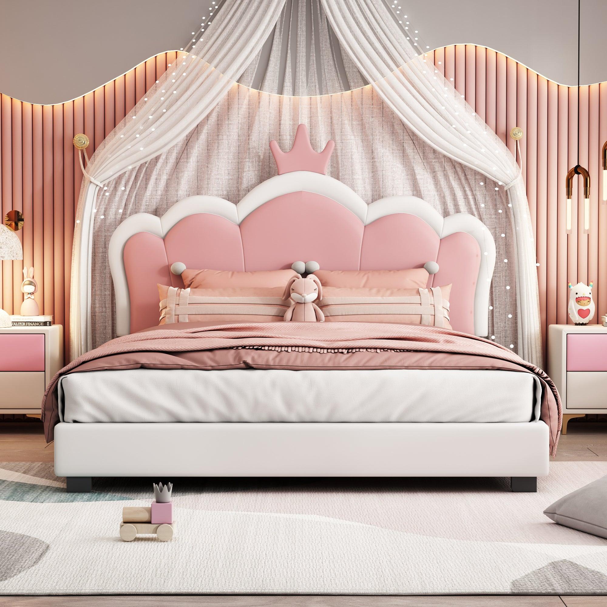 Full size Upholstered Princess Bed With Crown Headboard, Full Size Platform Bed with Headboard and Footboard, White+Pink