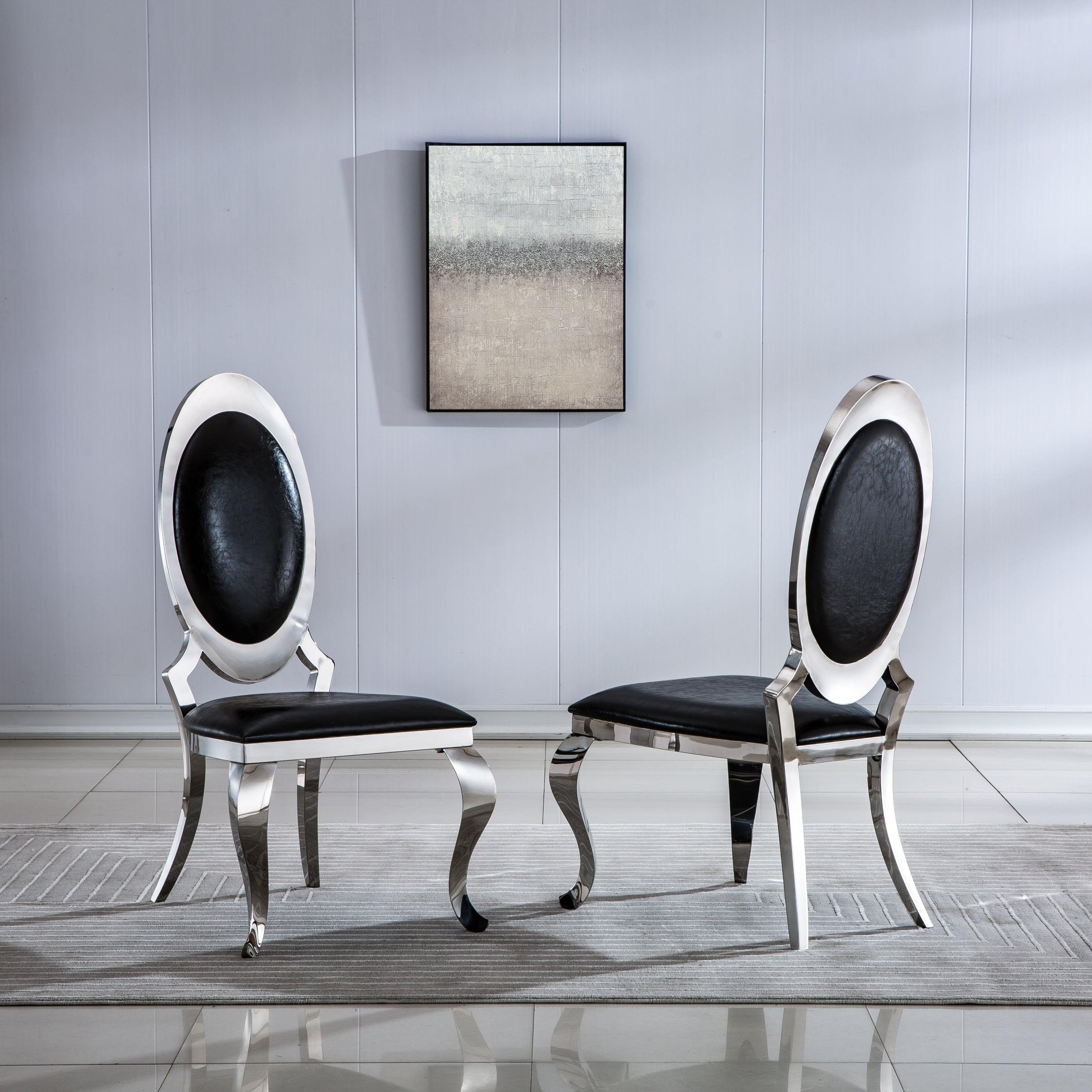 🆓🚛 Pinchwel Leatherette Dining Chairs W/ Oval Backrest, Set Of 2, Stainless Steel Legs - Black & Silver