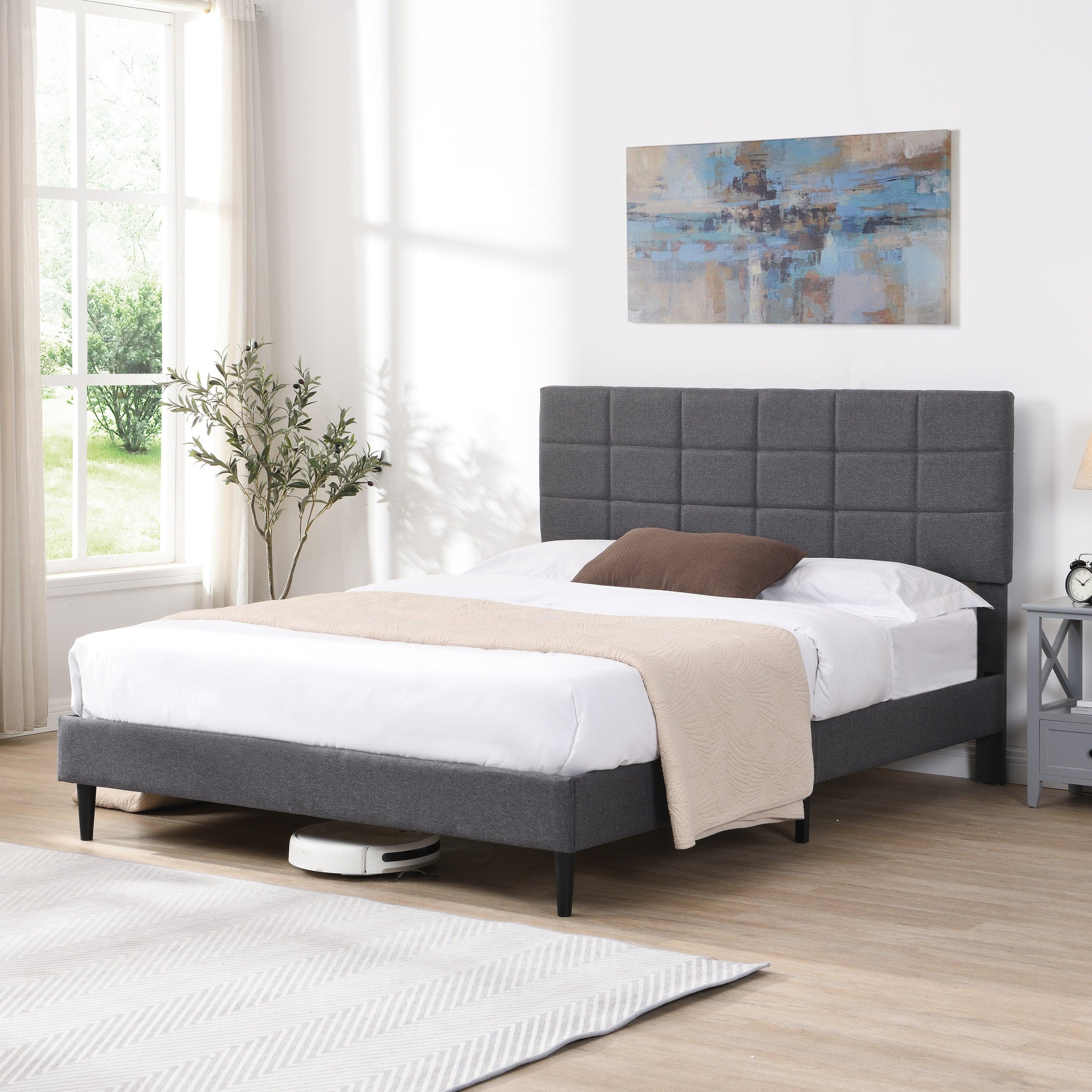 🆓🚛 Queen Size Platform Bed Frame With Fabric Upholstered Headboard & Wooden Slats, No Box Spring Needed/Easy Assembly, Gray