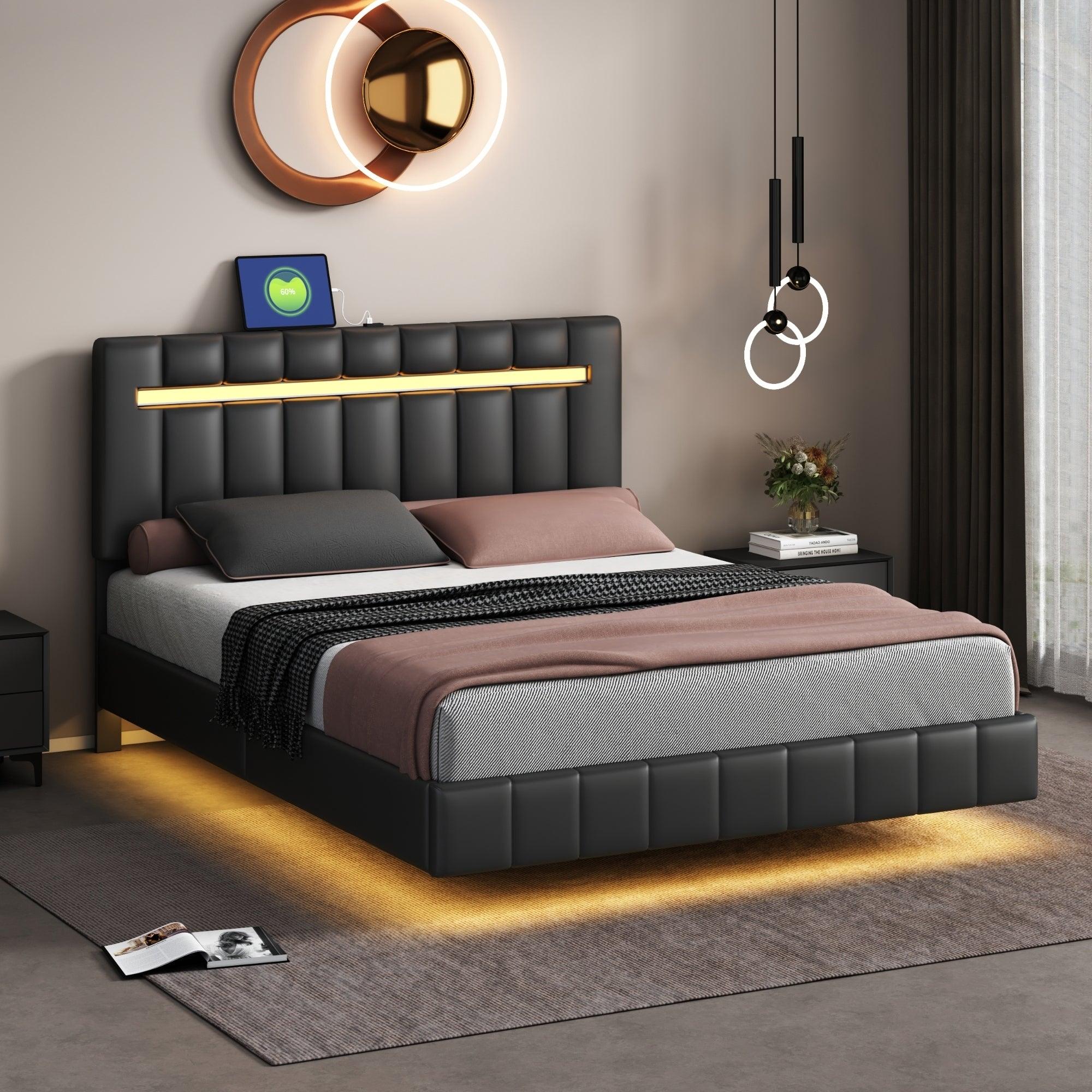 🆓🚛 Queen Size Floating Bed Frame With Led Lights & Usb Charging, Modern Upholstered Platform Led Bed Frame, Black