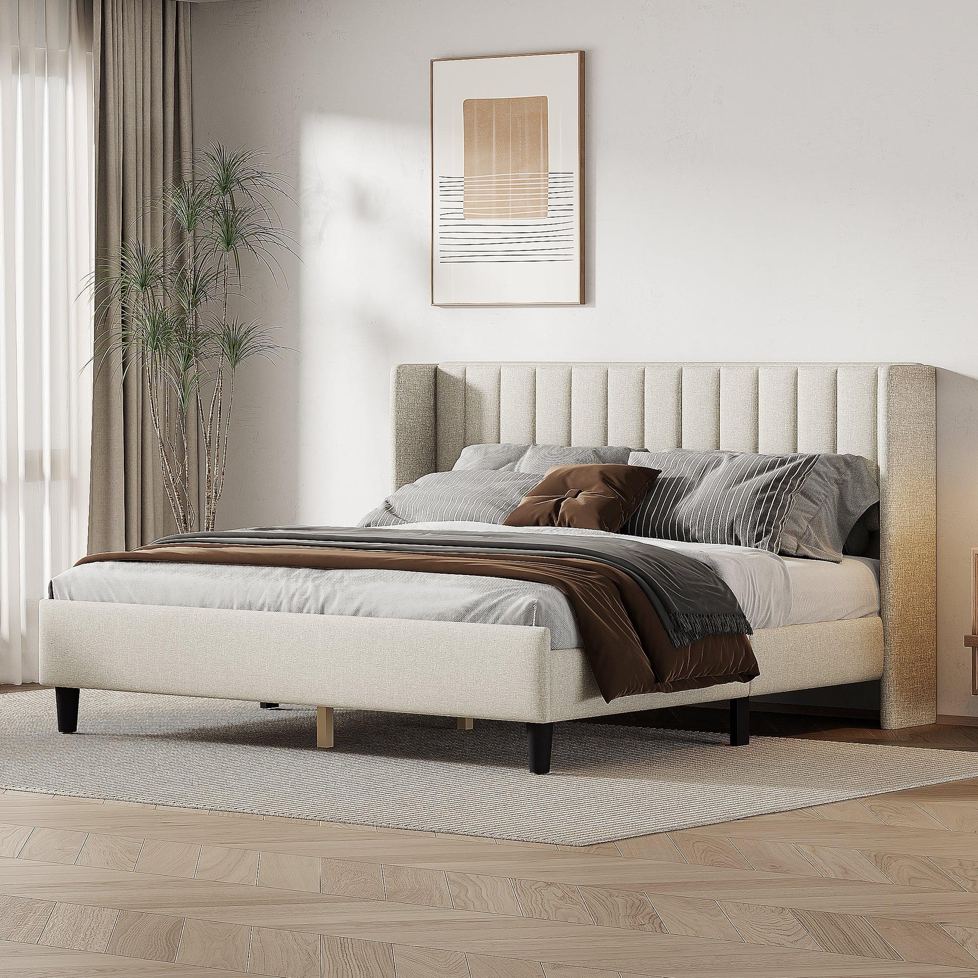 🆓🚛 King Size Upholstered Platform Bed Frame With Headboard, Mattress Foundation, Wood Slat Support, Cream