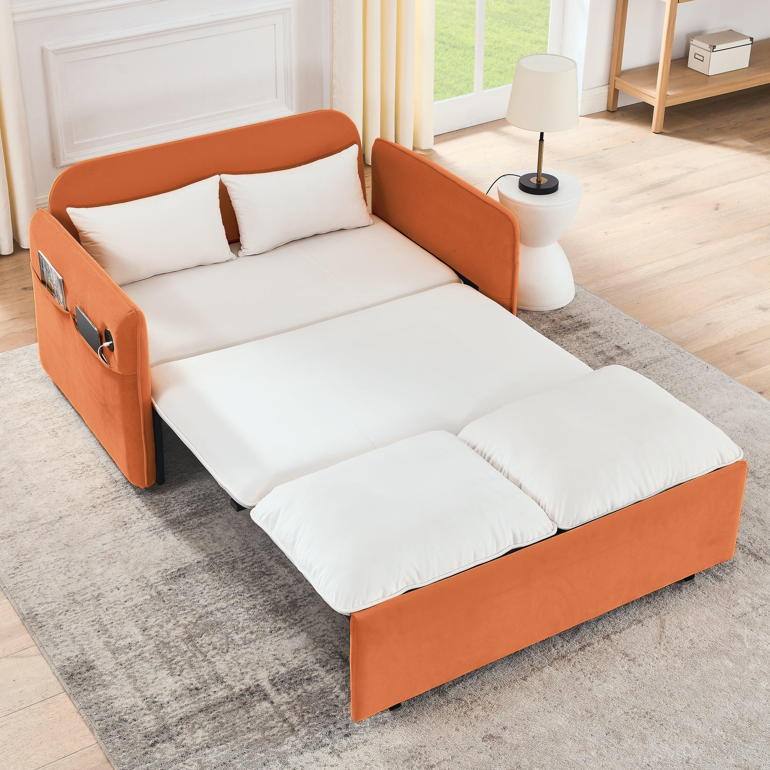 🆓🚛 53" Modern Convertible Sofa Bed W/2 Removable Armrests W/Usb Power Port, Velvet Recliner Adjustable Sofa W/Head Pull-Out Bed, 2 Pillows, for Living Room Apartment Etc., White-Orange