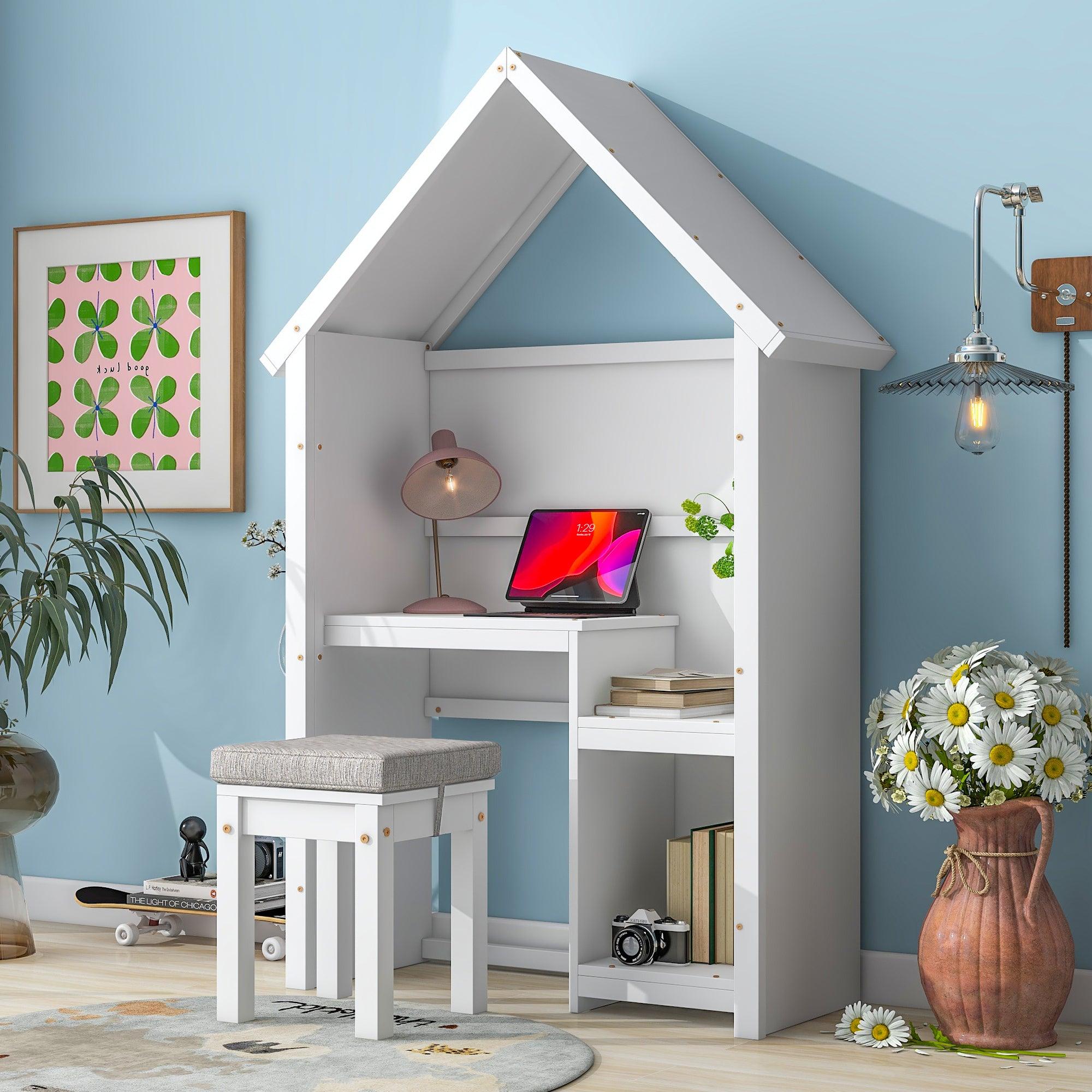 House-Shaped Desk With A Cushion Stool, White