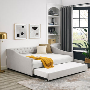 Full Size Daybed With Twin Size Trundle Upholstered Tufted Sofa Bed, With Button On Back And Copper Nail On Waved Shape Arms, Beige (80.5" X55.5" X27.5" )