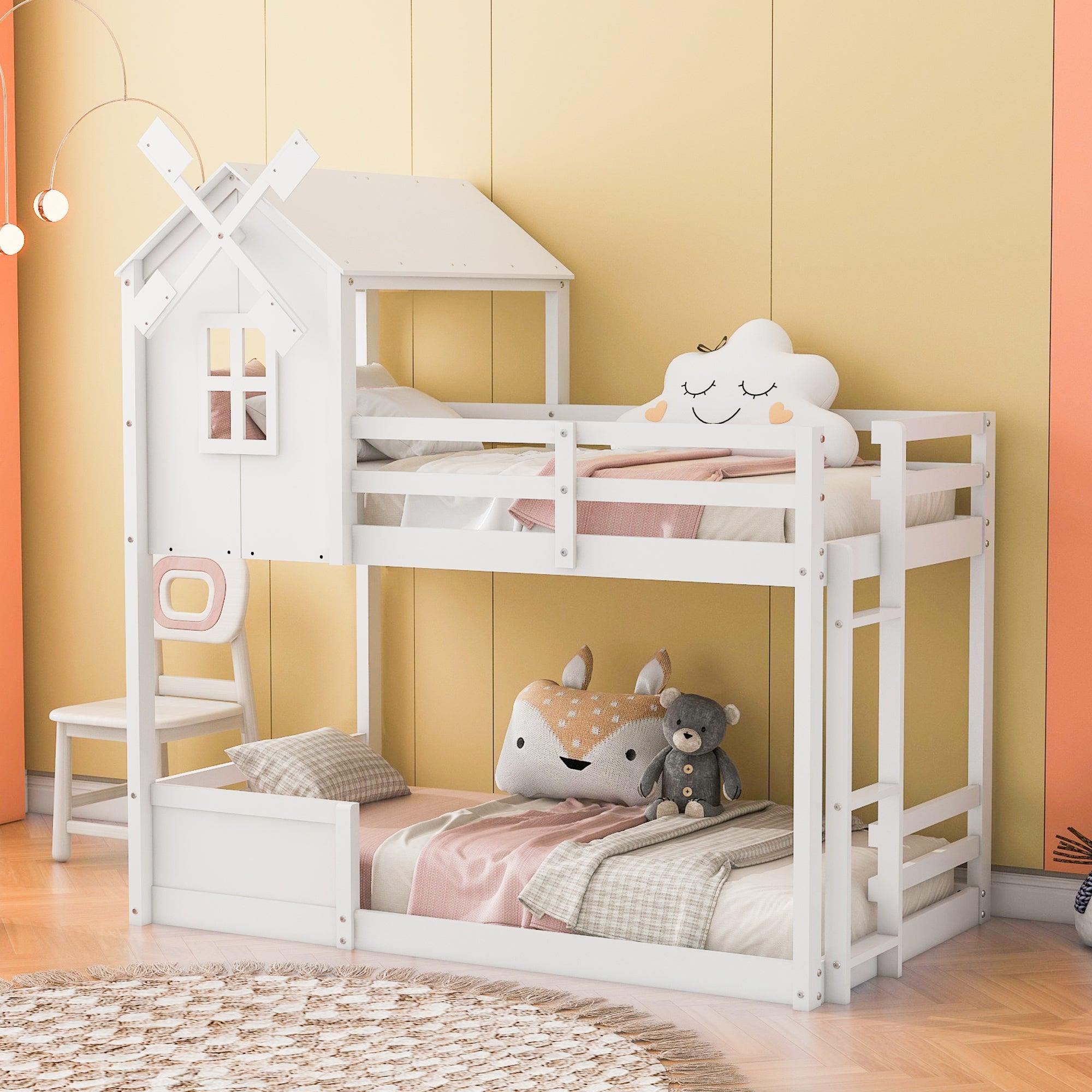 🆓🚛 Twin Over Twin Bunk Bed With Roof & Window, With Guardrails & Ladder, White