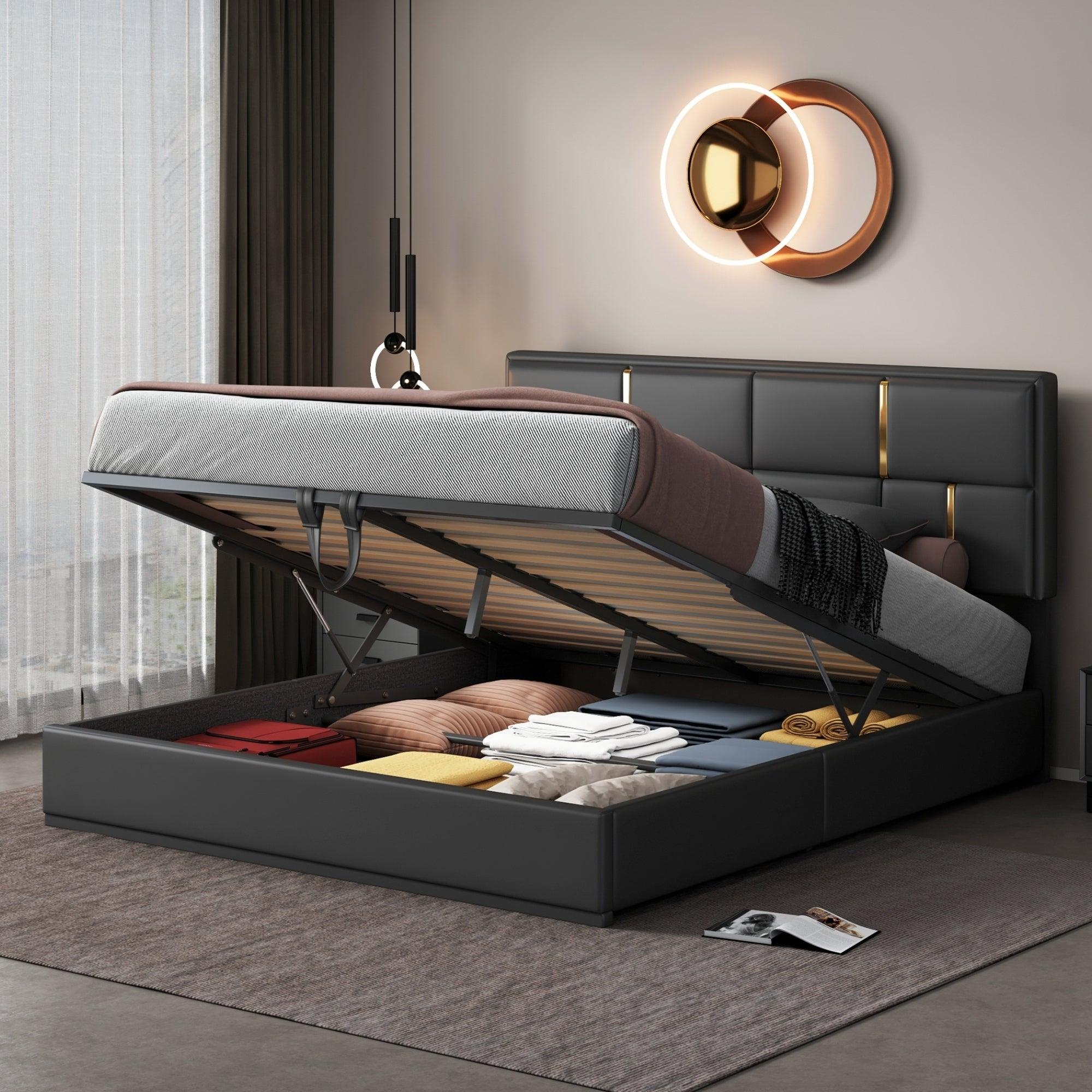 🆓🚛 Queen Size Upholstered Platform Bed With Hydraulic Storage System, No Box Spring Needed, Black