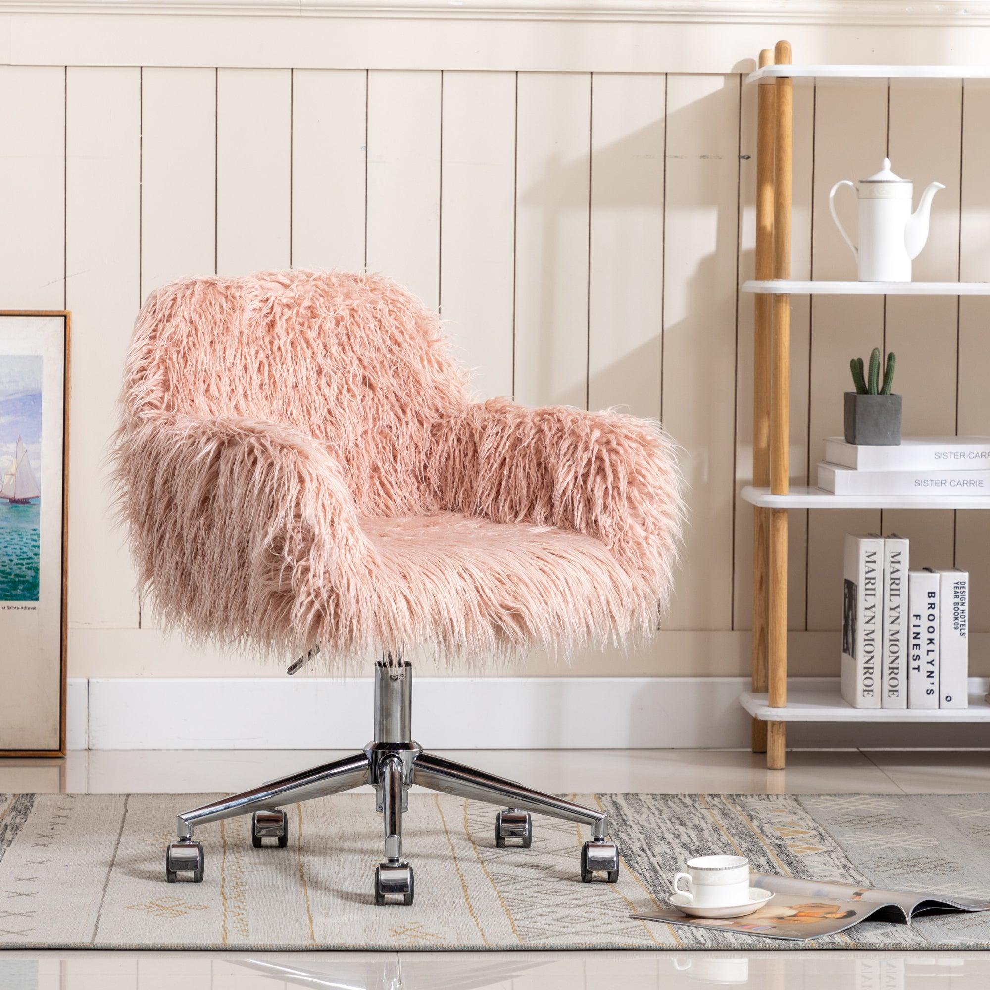 🆓🚛 Modern Faux Fur Home Office Chair, Fluffy Chair for Girls, Makeup Vanity Chair, Pink