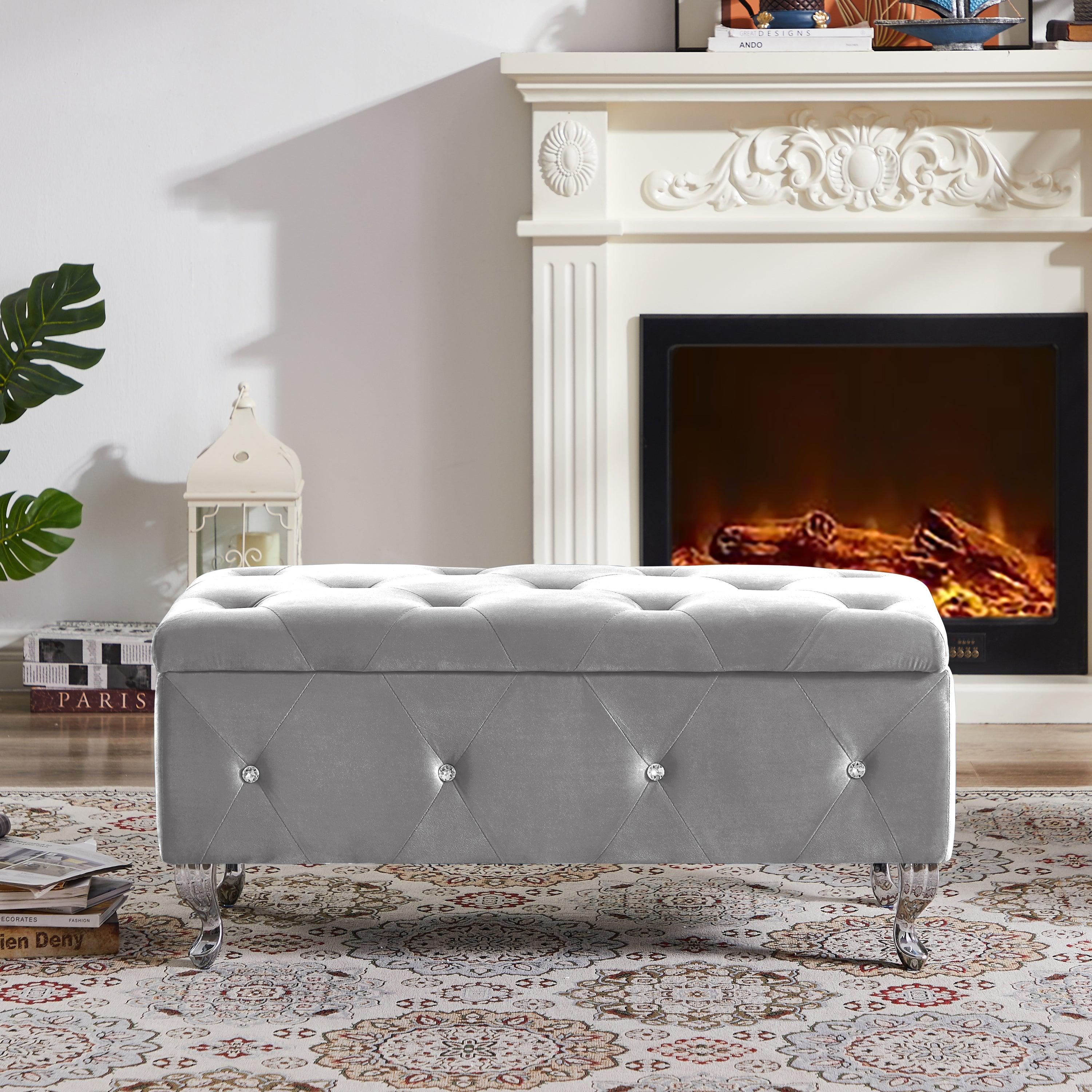 🆓🚛 Upholstered Velvet Storage Ottoman Bench, Flip Top, Metal Leg With Footpad, for Living Room, Entryway, Bedroom, Gray