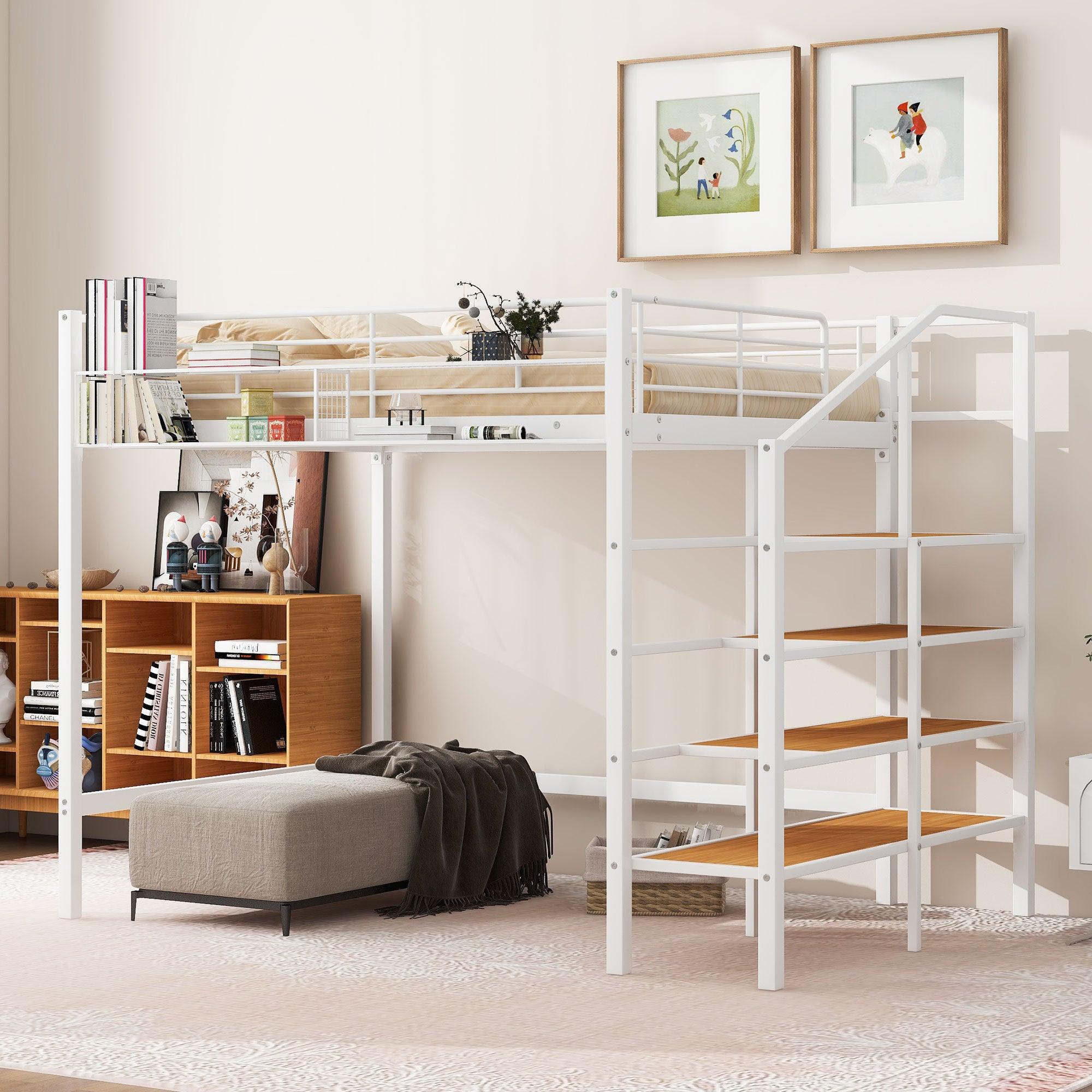 🆓🚛 Full Size Metal Loft Bed With Upper Grid Storage Shelf & Lateral Storage Ladder, White