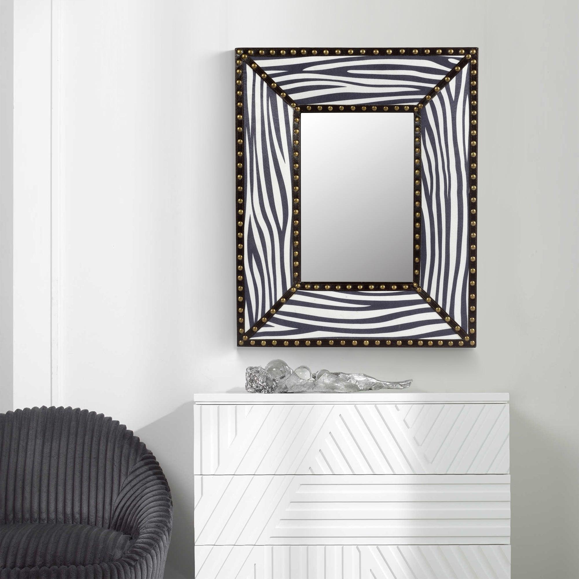 🆓🚛 White Zebra Rectangle Decorative Wall Hanging Mirror, Rivet Decoration, Fabric & Pu Covered Mdf Framed Mirror for Bedroom Living Room Vanity Entryway Wall Decor, 21X26"