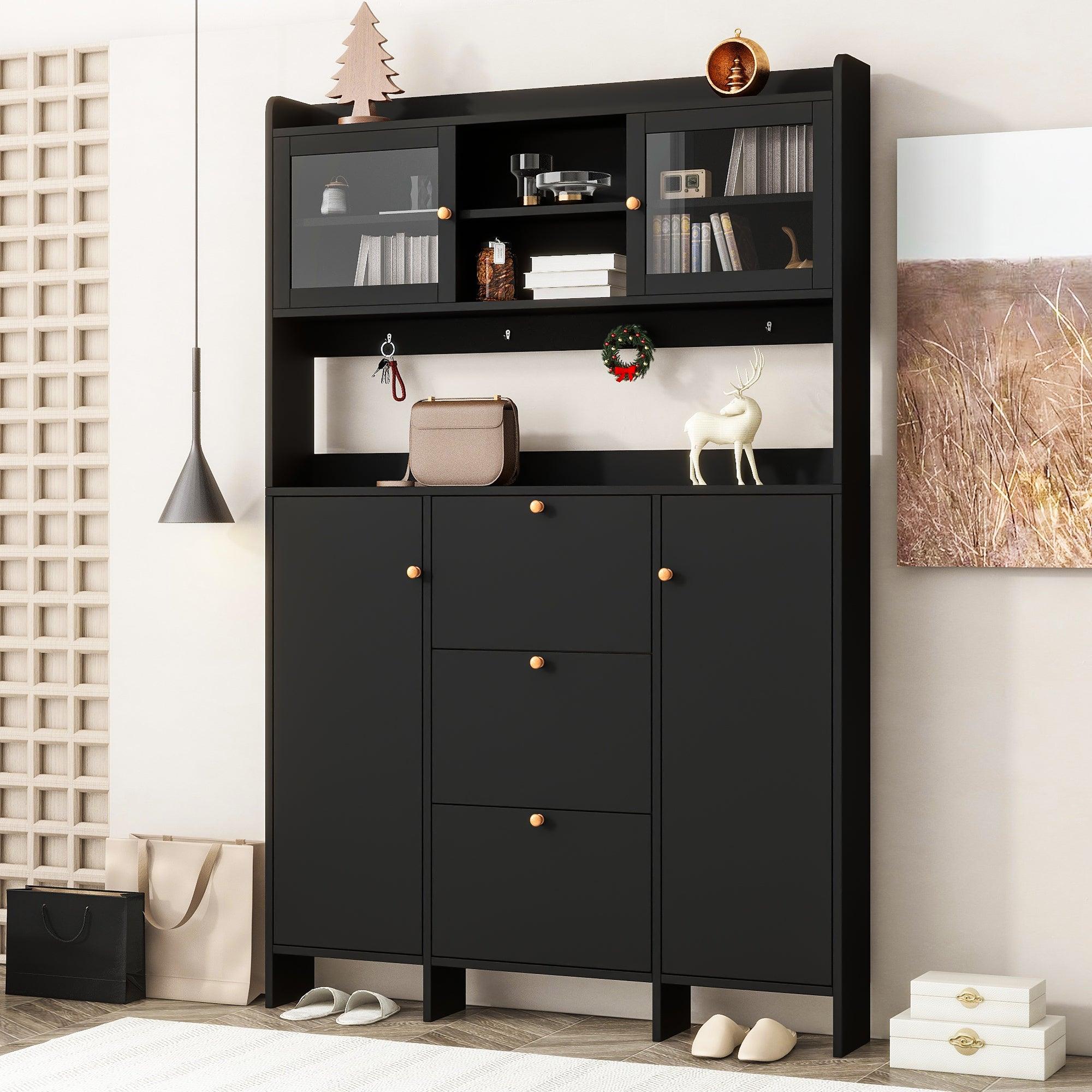🆓🚛 Contemporary Shoe Cabinet With Open Storage Platform, Tempered Glass Hall Tree With 3 Flip Drawers, Versatile Tall Cabinet With 4 Hanging Hooks for Hallway, Black