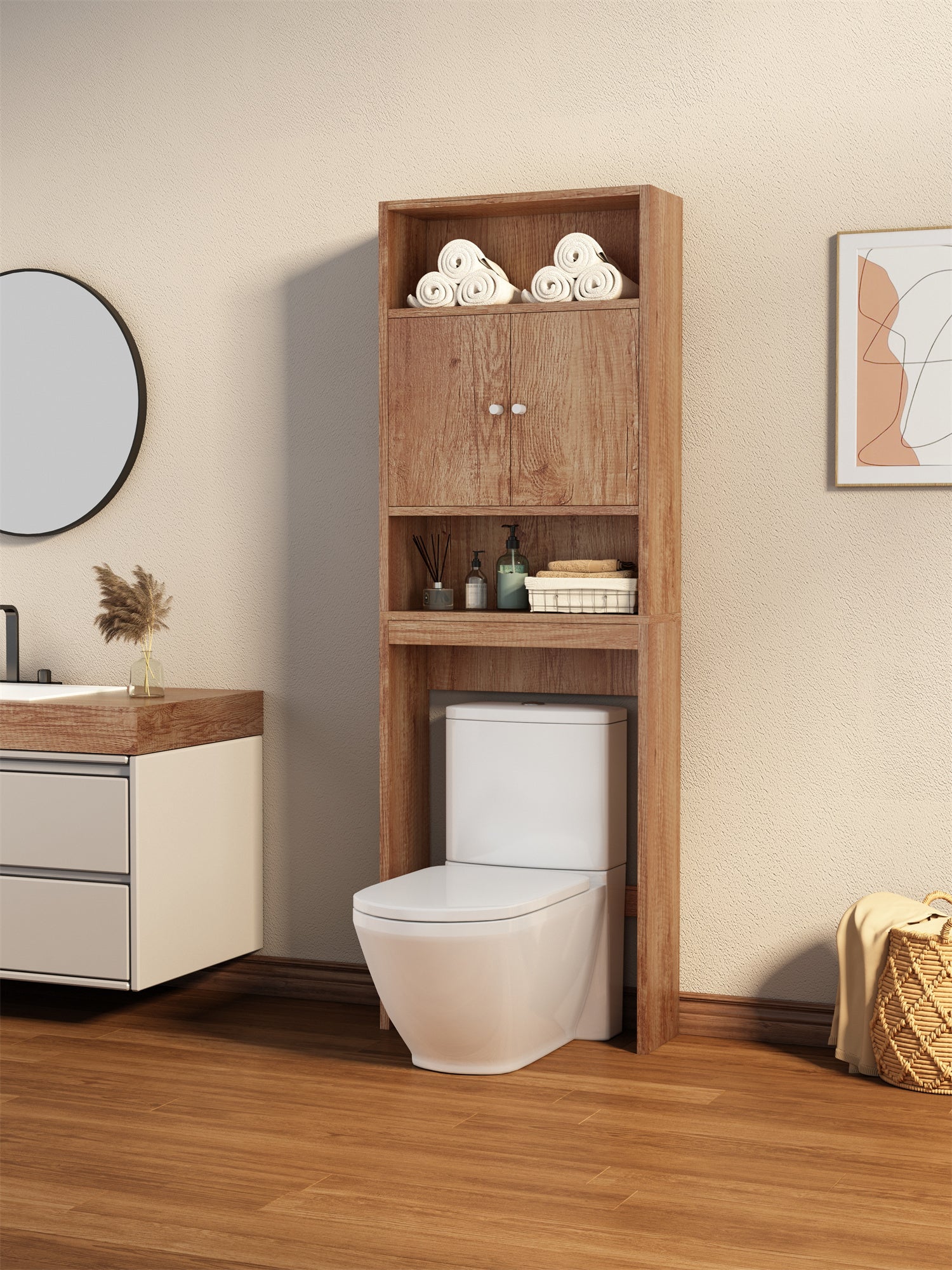 🆓🚛 Home Bathroom Shelf Over-The-Toilet, Bathroom Space saver, Bathroom, Toilet Storage Cabinet, Wood