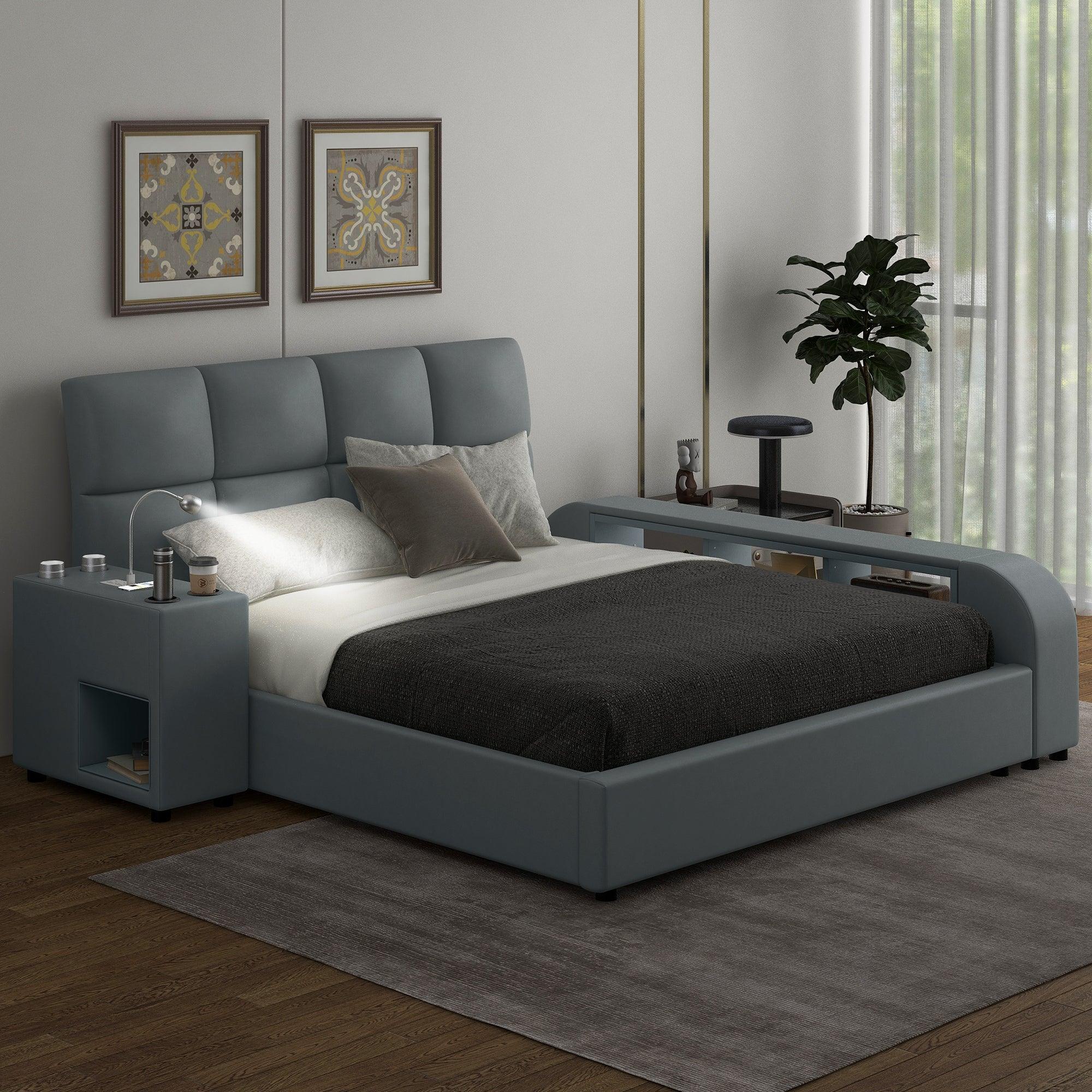 🆓🚛 Queen Size Upholstered Platform Bed With Multimedia Nightstand & Storage Shelves, Gray