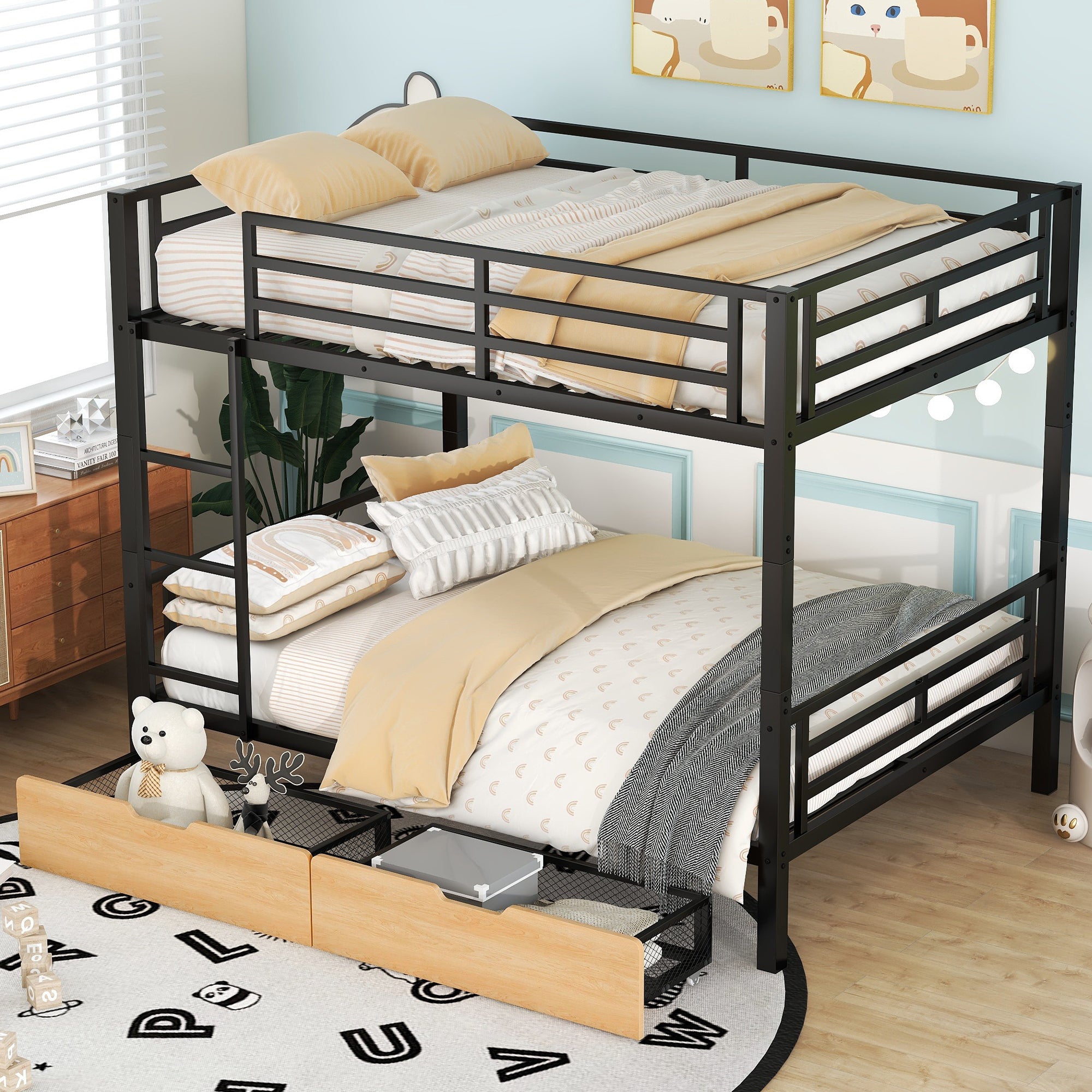 🆓🚛 Metal Full Size Convertible Bunk Bed With 2 Drawers, Black