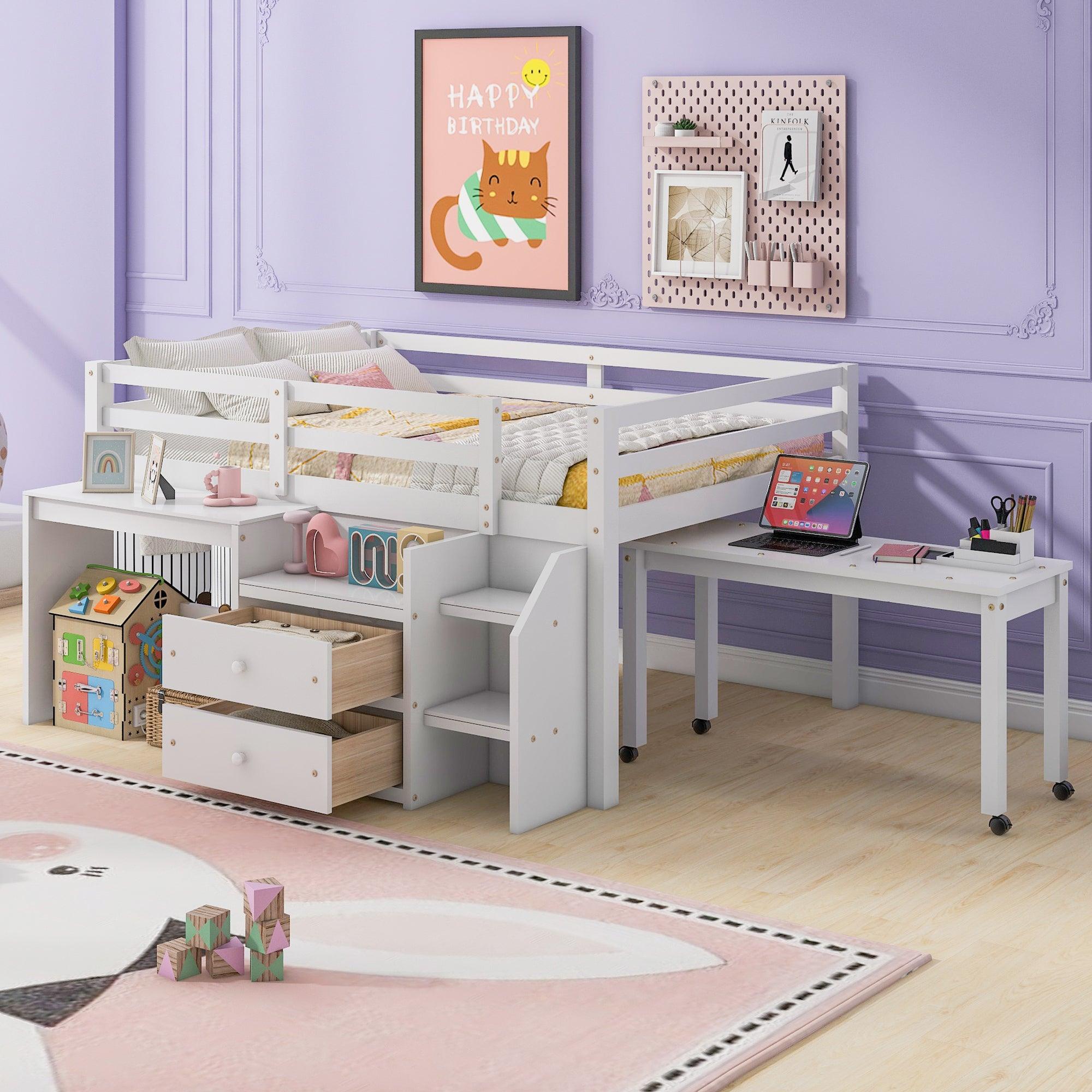 Full Size Loft Bed with Desk and Drawers, Wooden Loft Bed with Lateral Portable Desk, White