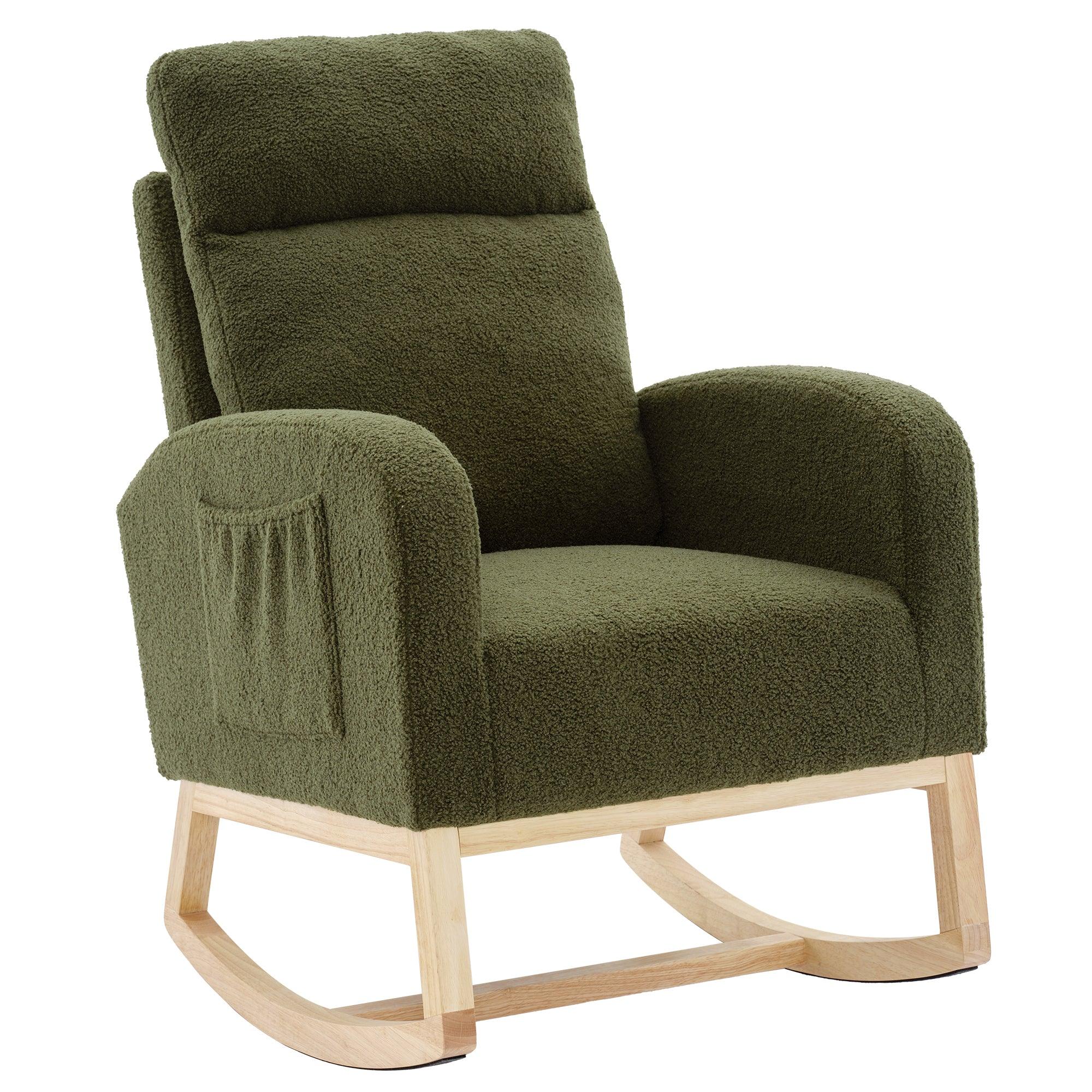 🆓🚛 Modern Accent Rocking Chair With Solid Wood Legs, Upholstered Nursery Glider Rocker, Dark Green