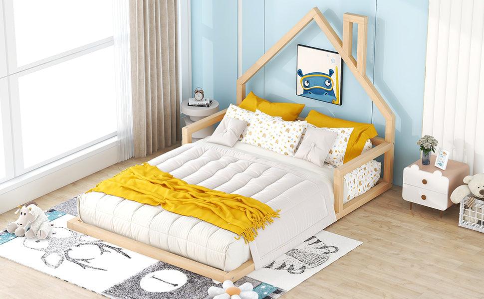 Full Size Wood Floor Bed With House-Shaped Headboard, Natural