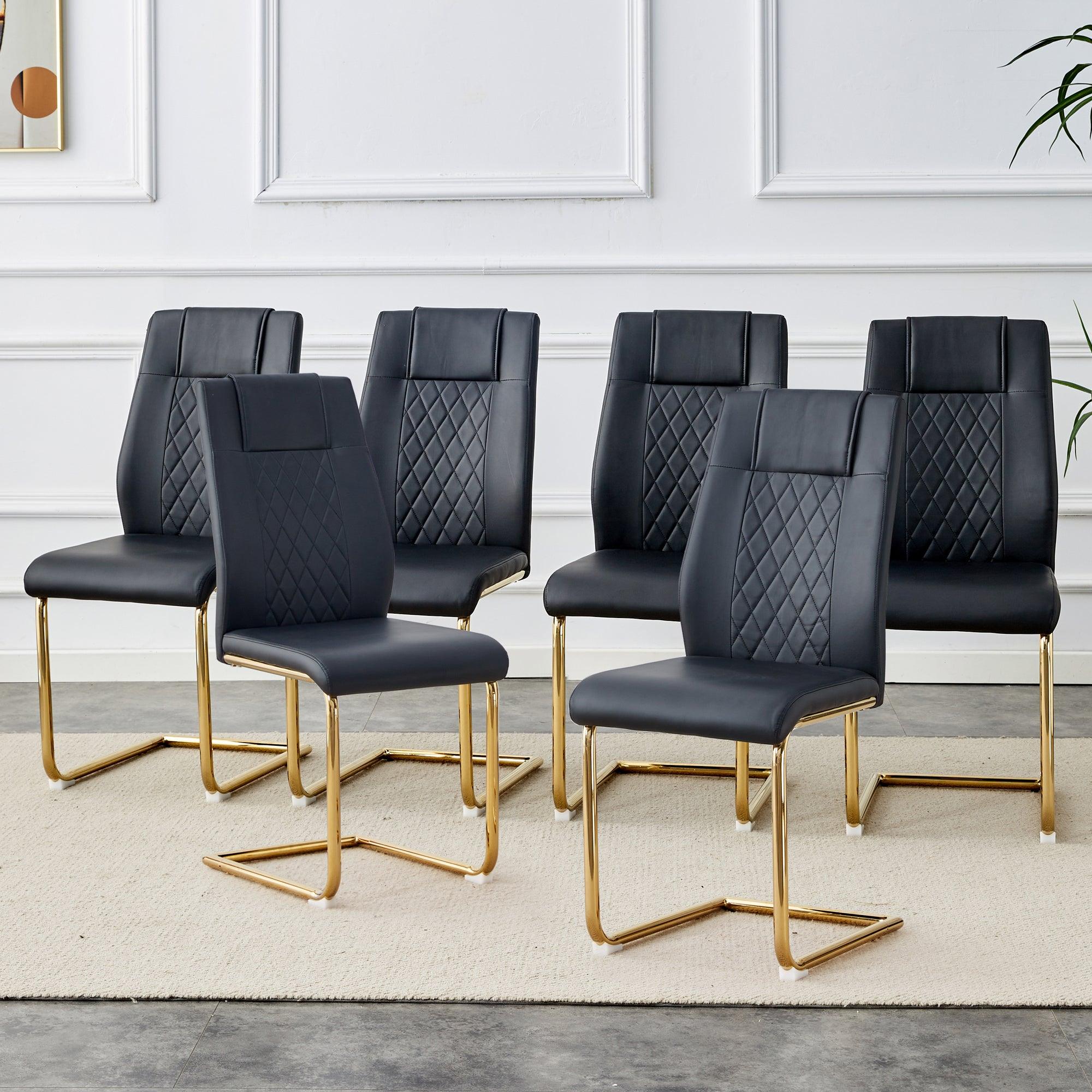 🆓🚛 Modern Dining Chairs With Faux Leather Padded Seats, Dining Room Chairs, Gold Metal Leg Upholstered Chairs, Suitable for Kitchens, Living Rooms, Bedrooms, & Offices, Set Of 6 (Black+Pu Leather)