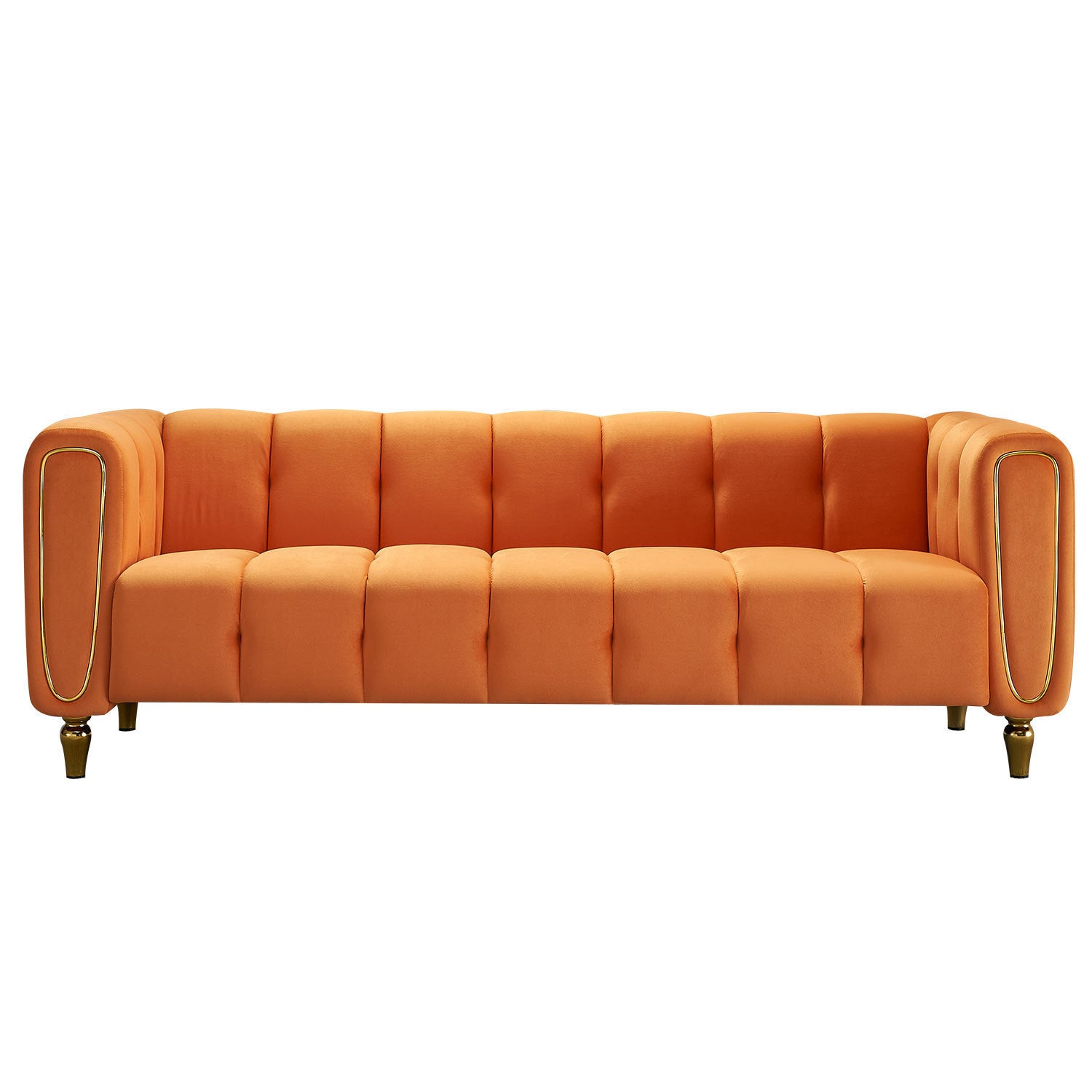 🆓🚛 83.07" Modern Velvet Sofa  for Living Room, Orange