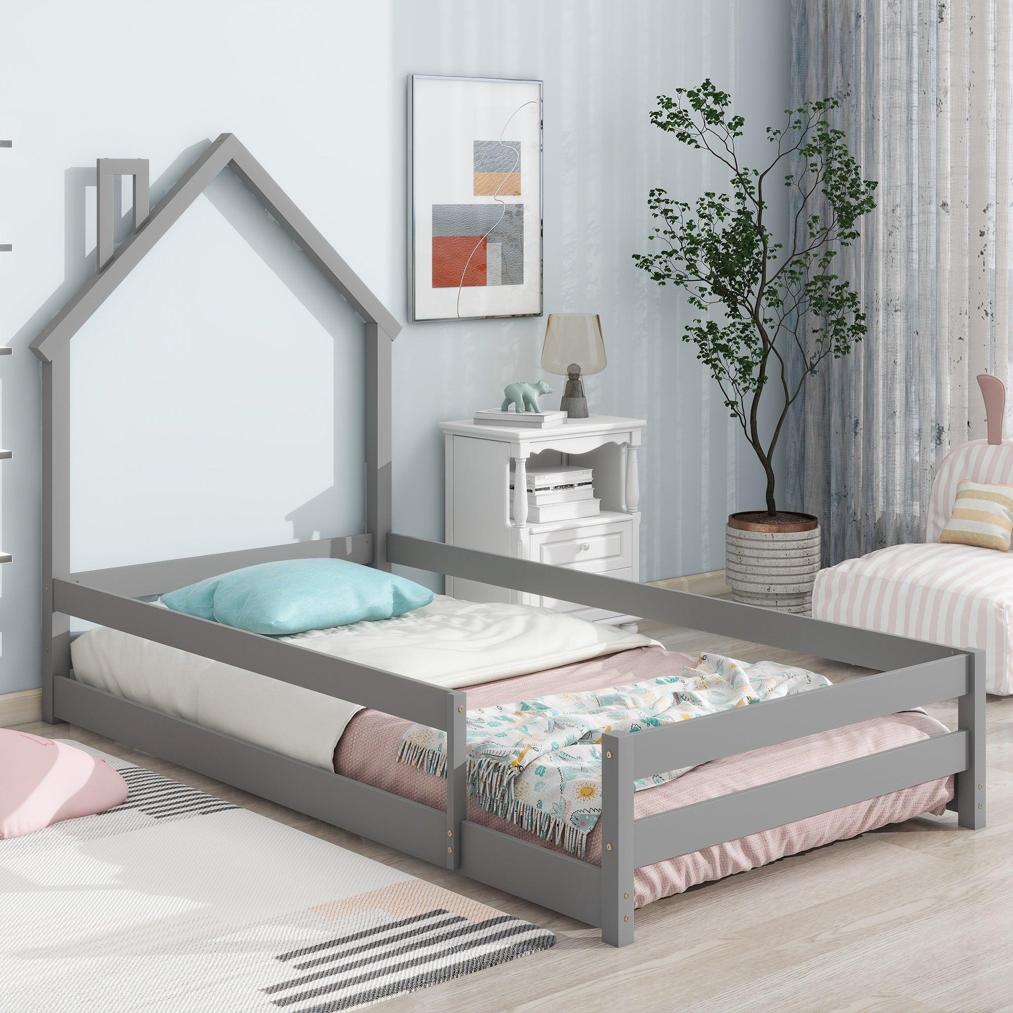 🆓🚛 Twin Size Wood Bed With House-Shaped Headboard Floor Bed With Fences, Gray