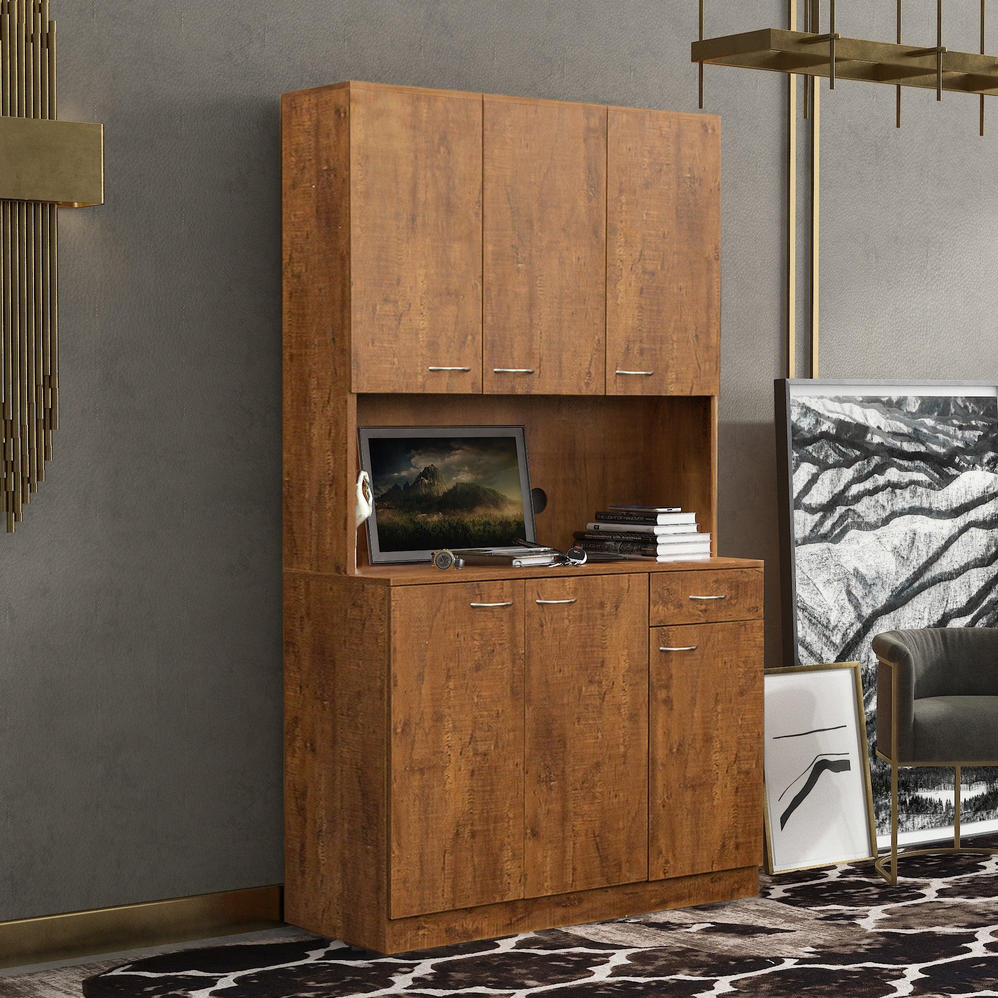 70.87" Tall Wardrobe& Kitchen Cabinet, With 6-Doors, 1-Open Shelves And 1-Drawer For Bedroom, Walnut